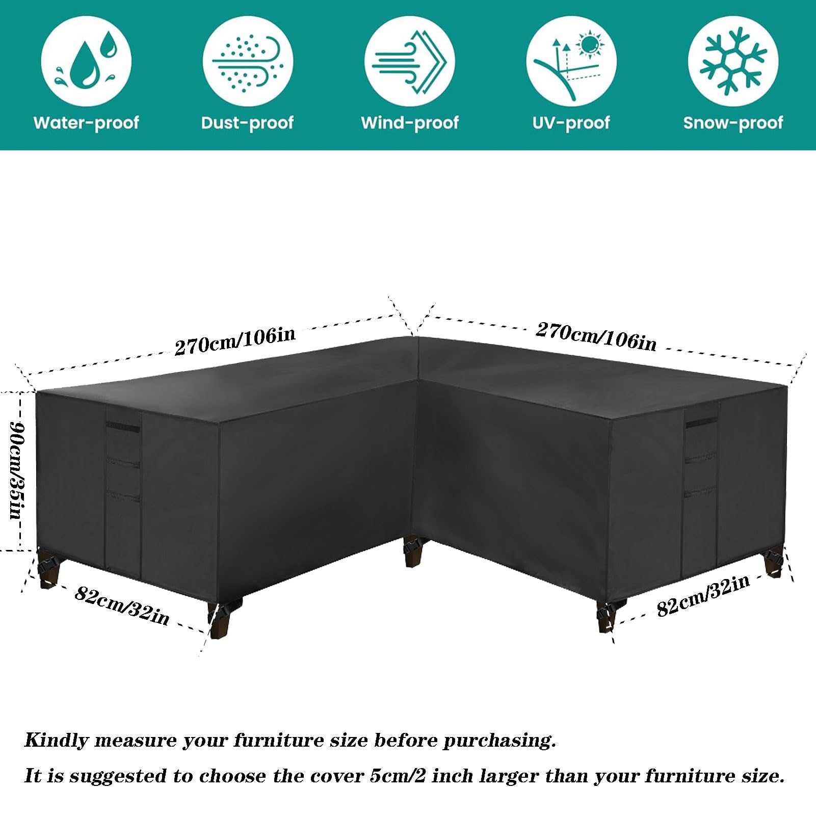 Copertura impermeabile resistente per mobili da giardino, 270 x 270 x 90 cm, a forma di L, copertura per mobili da esterno per divano angolare con presa d'aria