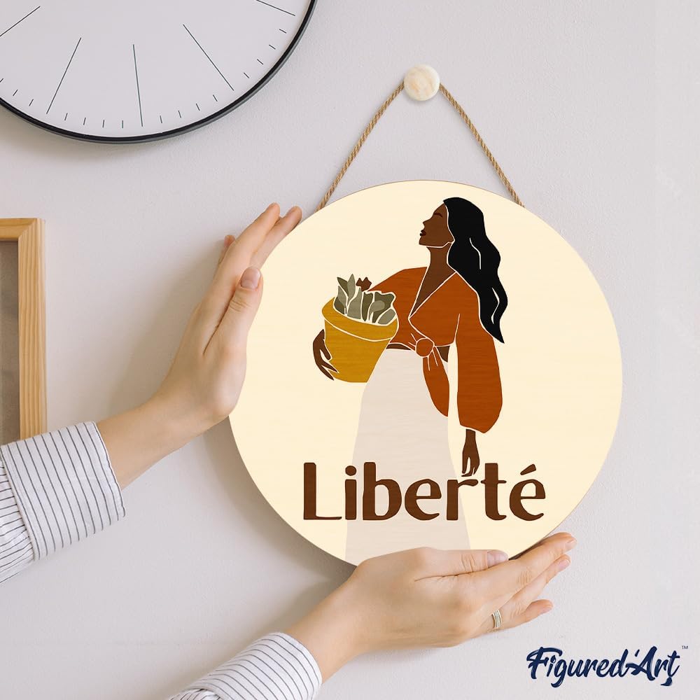 Figured'Art Paint by Numbers Kit for Adults on Wood Slice, 11.8in Diameter - Beauty and Liberty - Craft Art Painting DIY Canvas