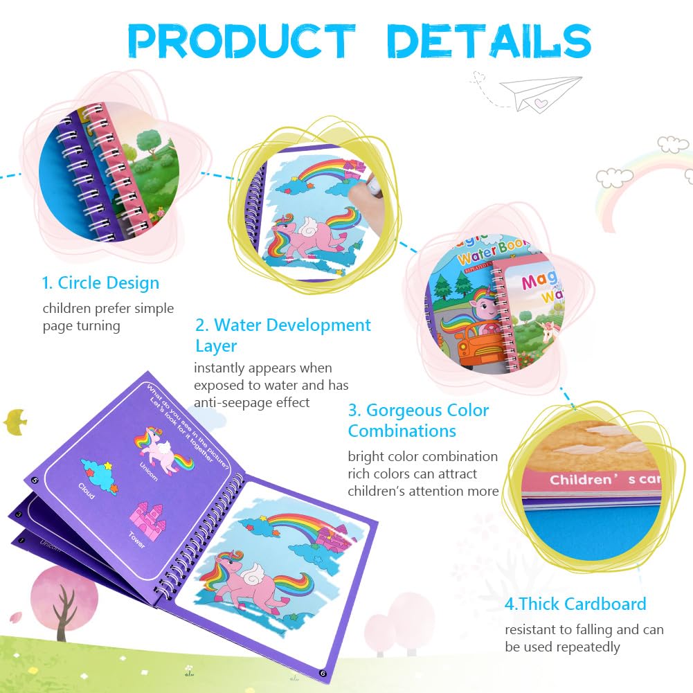 OSDUE Libro da Colorare ad Acqua, 2 Pezzi Libro di Pittura ad Acqua per Bambini, Libro da Colorare ad Acqua Magica con Penna, Bambini Istruzione Drawing Toy, Bambini in Viaggio Attività di Pittura