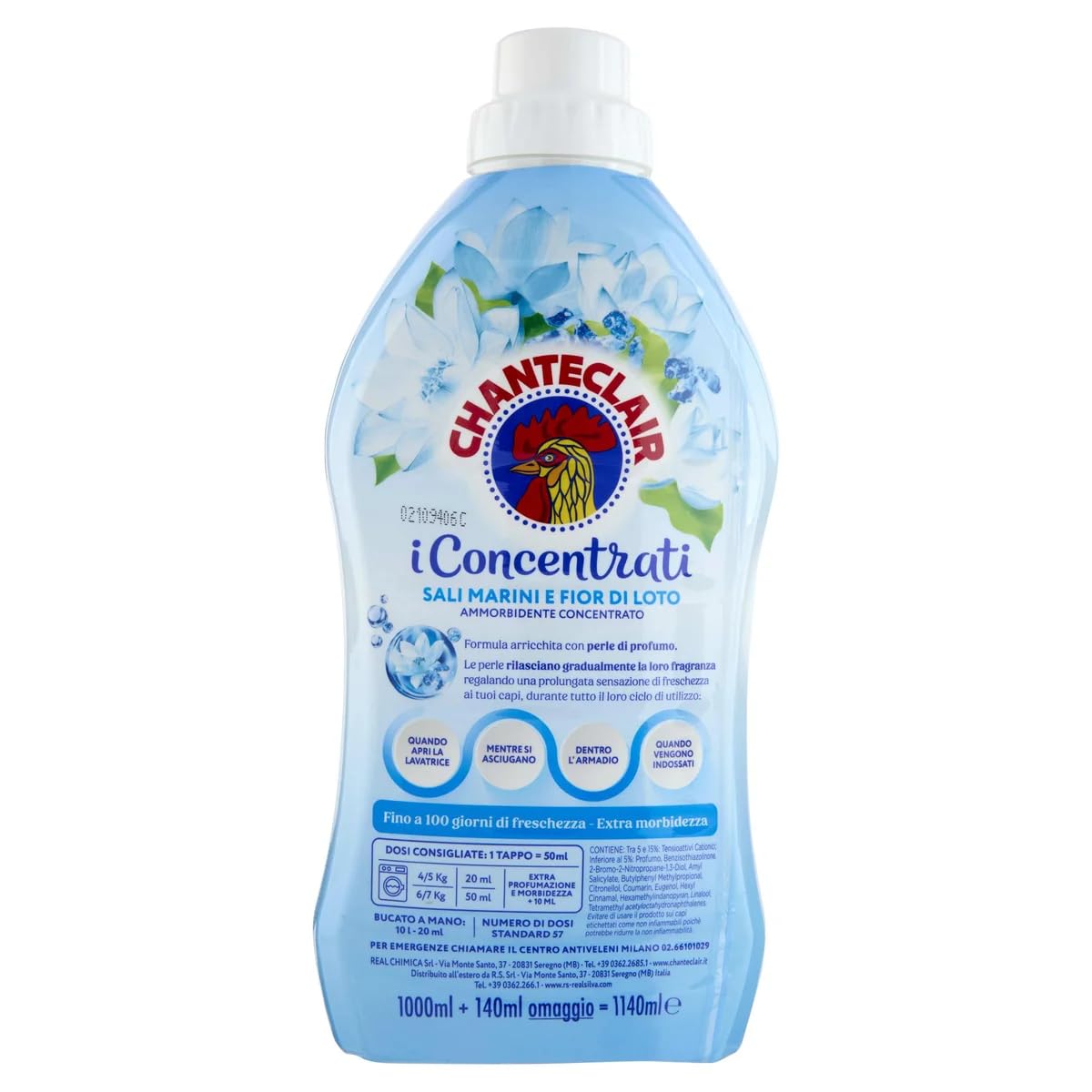 Chanteclair I Concentrati - Suavizante concentrado, aroma a sal marina y flor de loto, para ropa suave y perfumada, 57 lavados, 1140 ml + llavero Beni Culinari gratuito