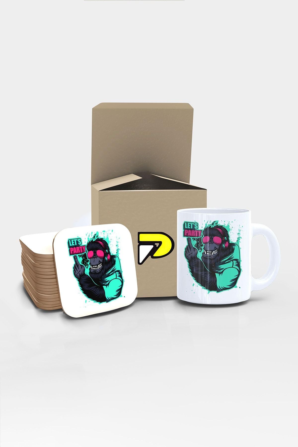 Postermanya Lets Party Maymun Tasarımlı Baskılı Kupa Bardak Seti, Eğlenceli Özel Hediye Mug