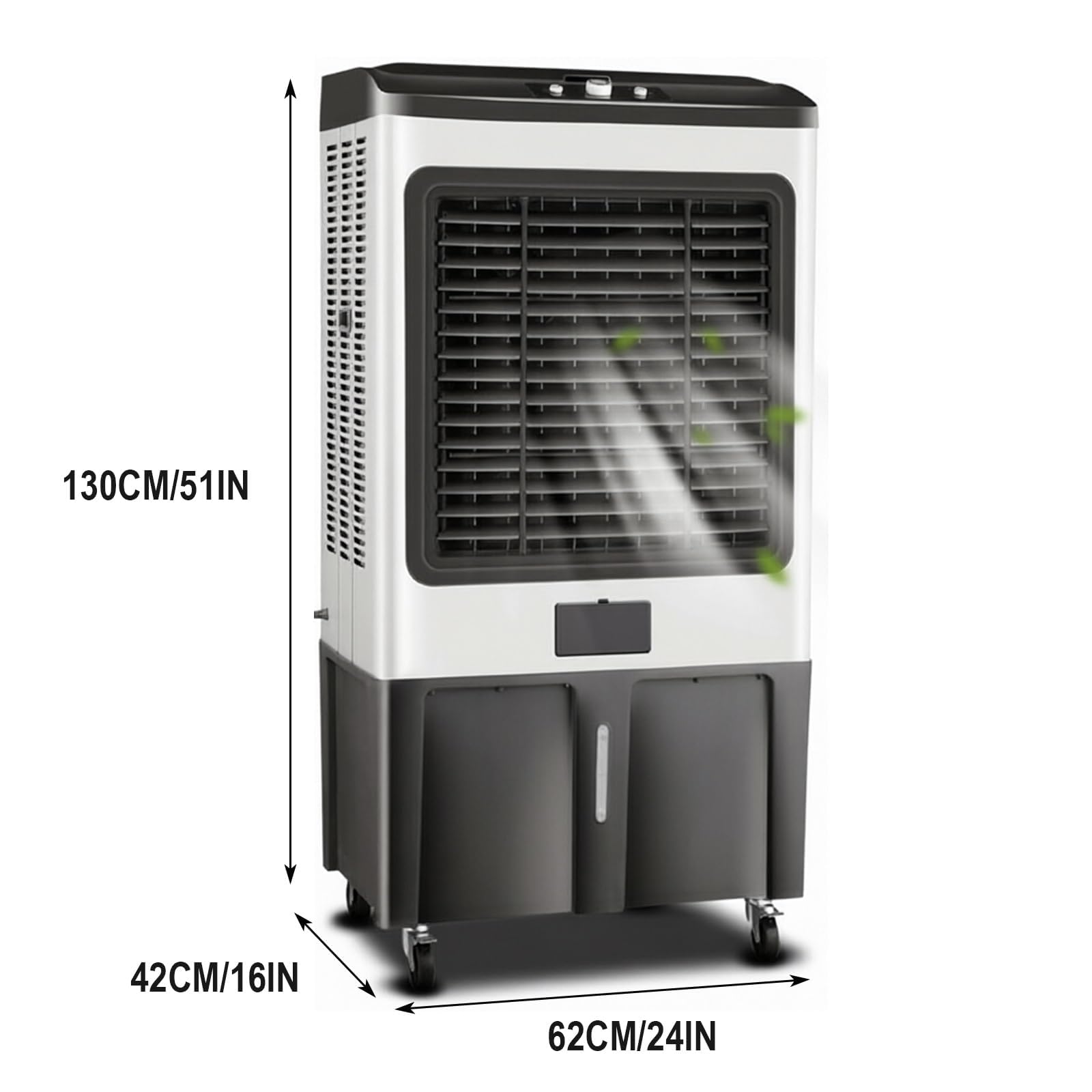 Climatizador evaporativo industrial portátil depósito 110L, 3 velocidades, doble regulación de aire, ruedas 360° con frenos, medidas 130×62×42cm para talleres, almacenes y puestos de mercado