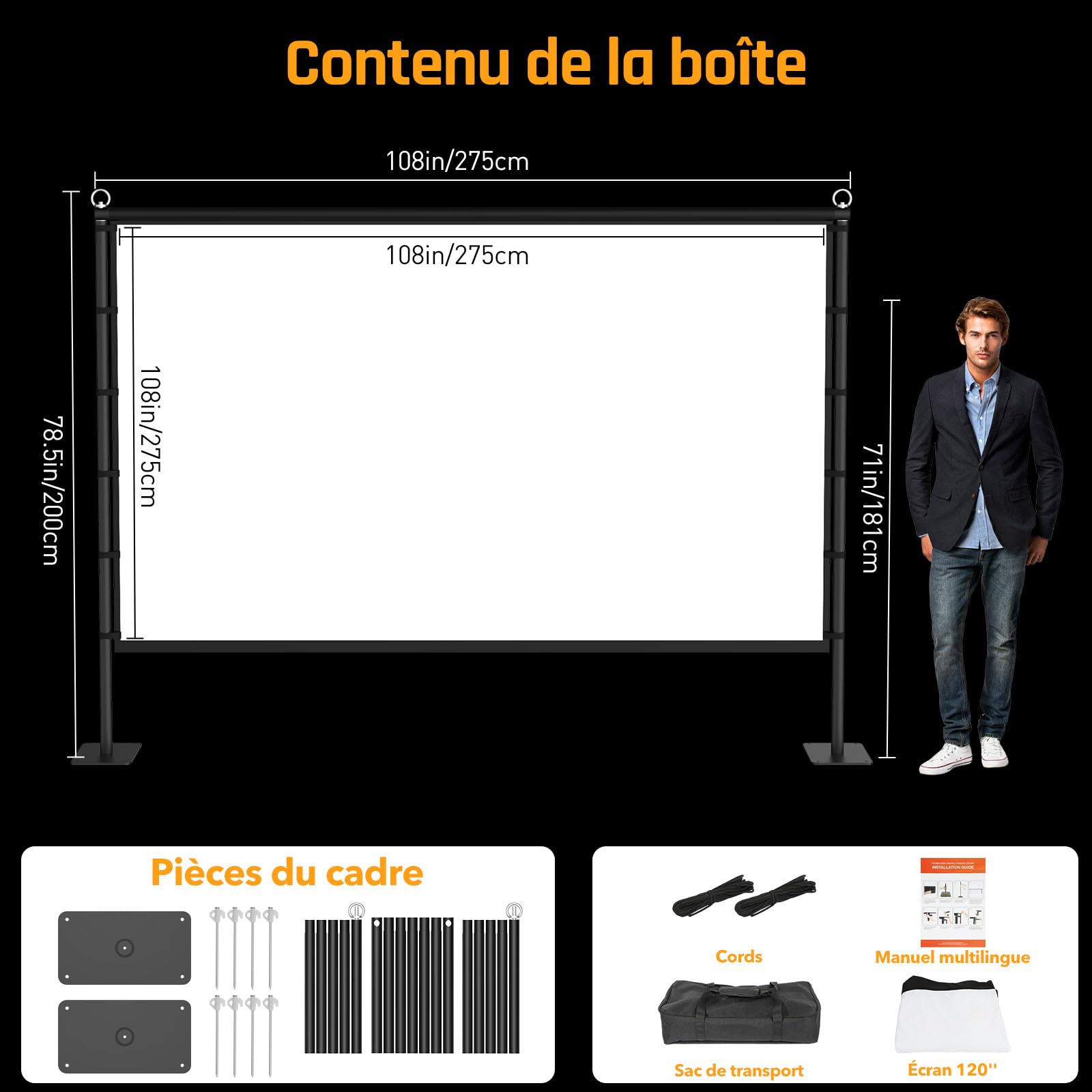 Écran de Projection Extérieur sur Pied LEORFI 120 Pouces Portable - Support Renforcé, Toile HD 4K 16:9 sans Plis - Projection Avant/Arrière - Sac de Transport Inclus pour Cinéma Maison Jardin