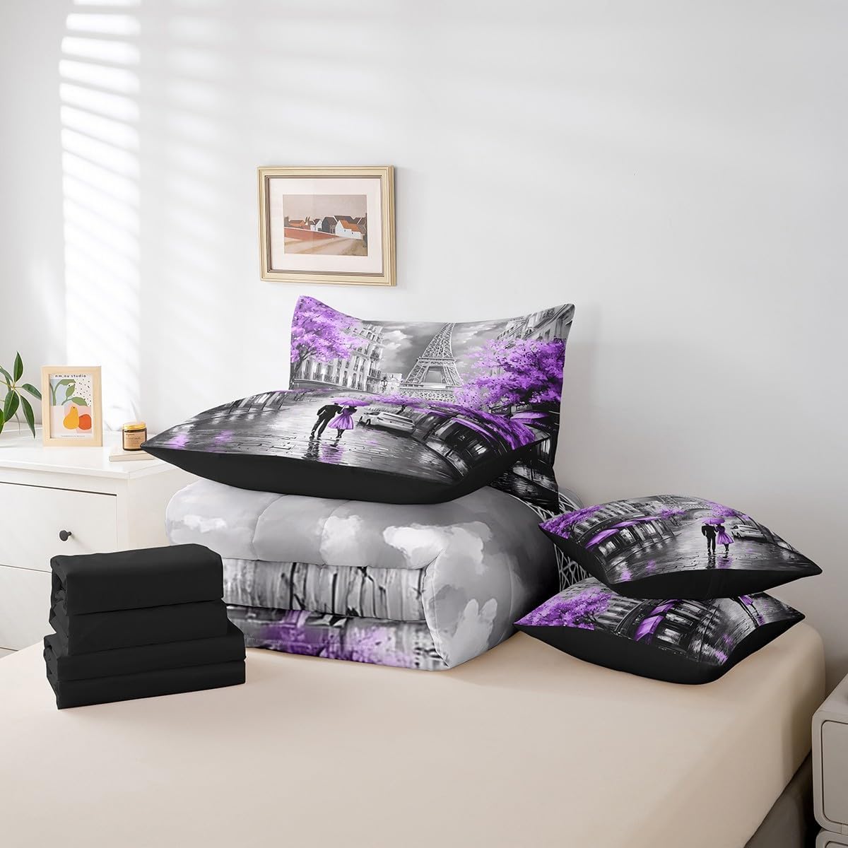 Erosebridal Eiffel Tower King Comforter Set 7 Piece,French Paris Bed in a Bag with Sheet Set for Women Girls Lover,Romantic City Bed Sheets,Watercolor Oil Painting Paris Bedding Set,Purple Valentine