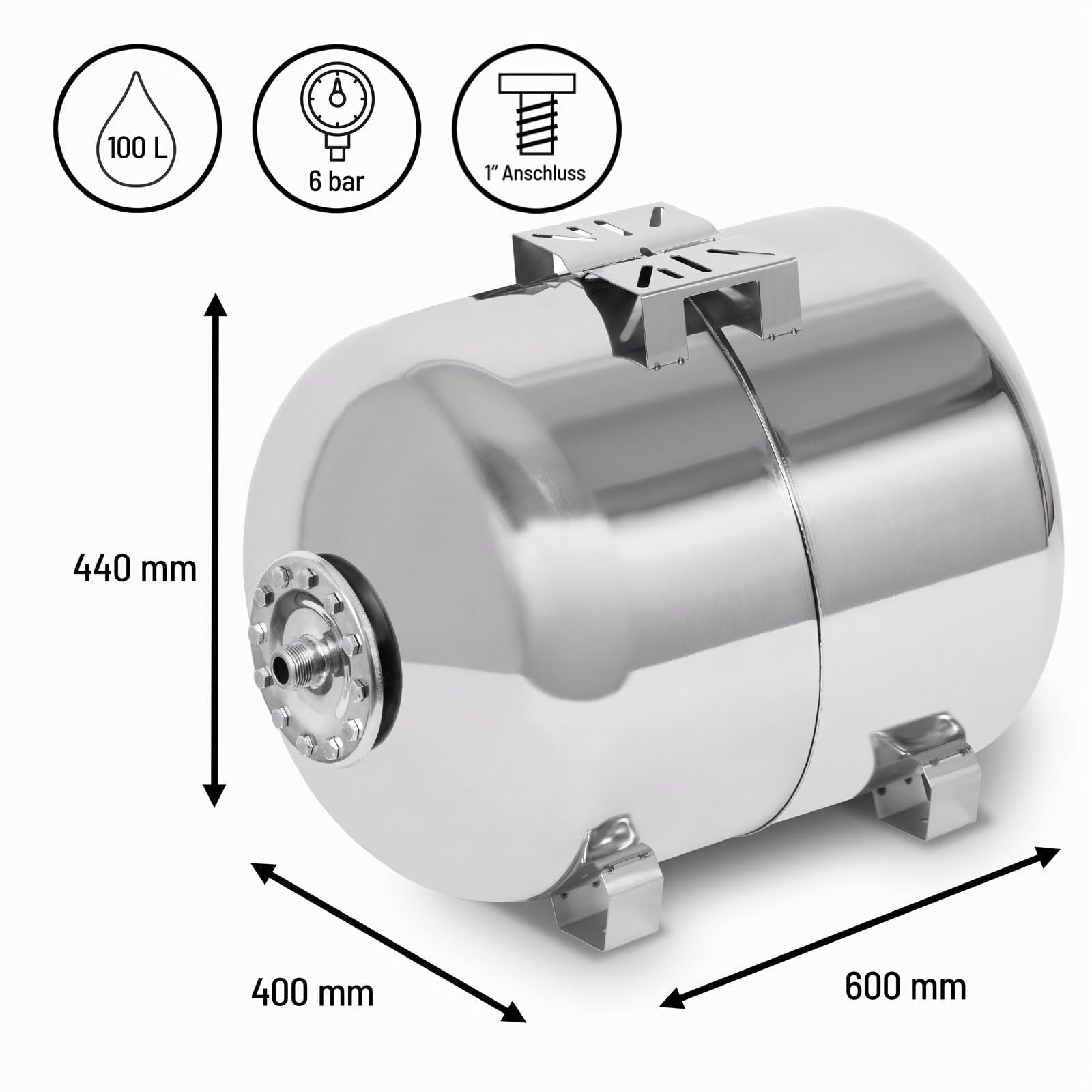EBERTH Depósito a presión 100L, 6 bar, Intensificador de presión, Depósito, Globo, conexión 1" para bomba doméstica, bomba de pozo, acero inoxidable, Intensificador de presión, horizontal, pared 1,2mm