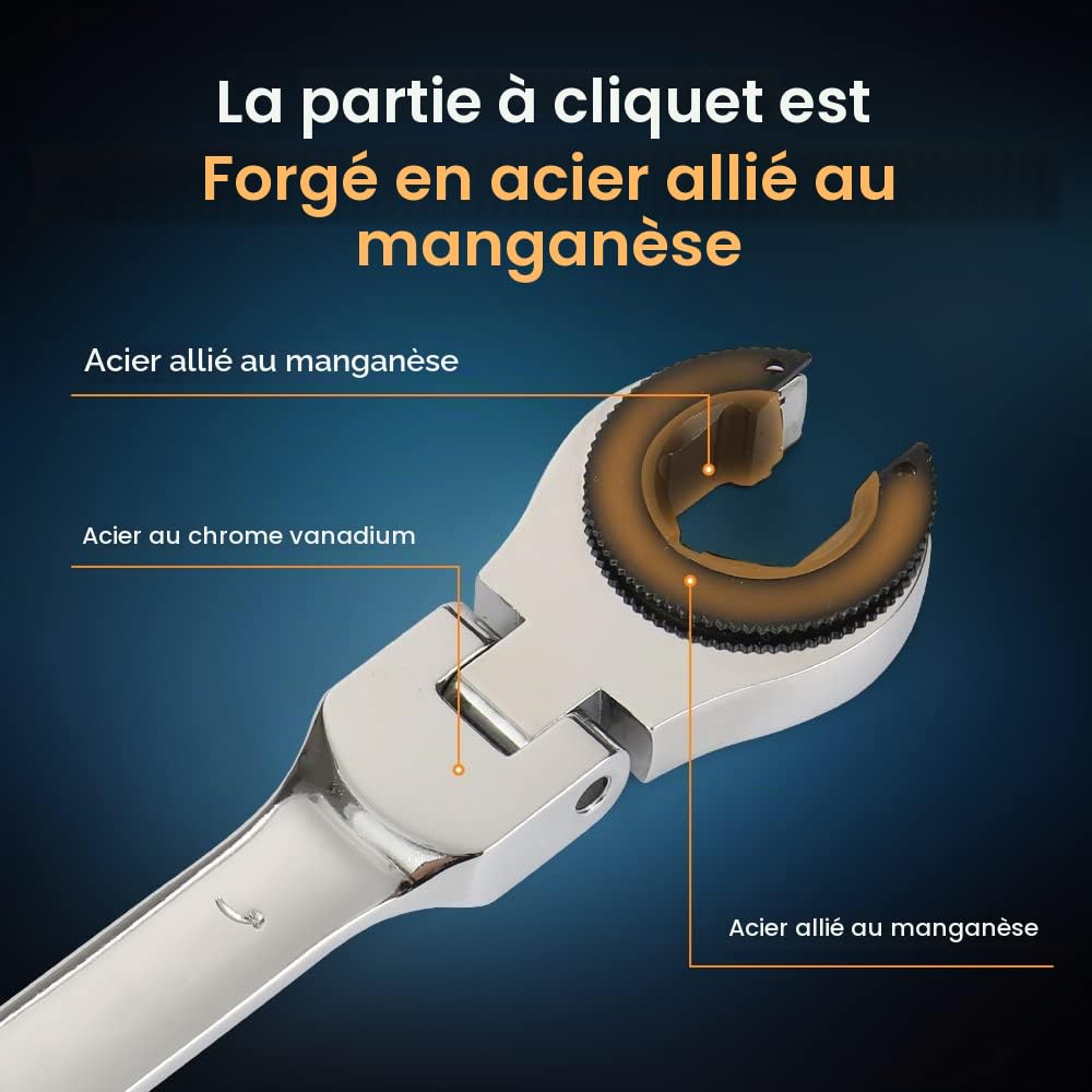 Anbull Clés à Cliquet Tête Ouverte, Flexibles 180° Métrique 12 Pcs (8-19mm), Ratcheting Wrench Set, Cr-V, Avec étui de transport