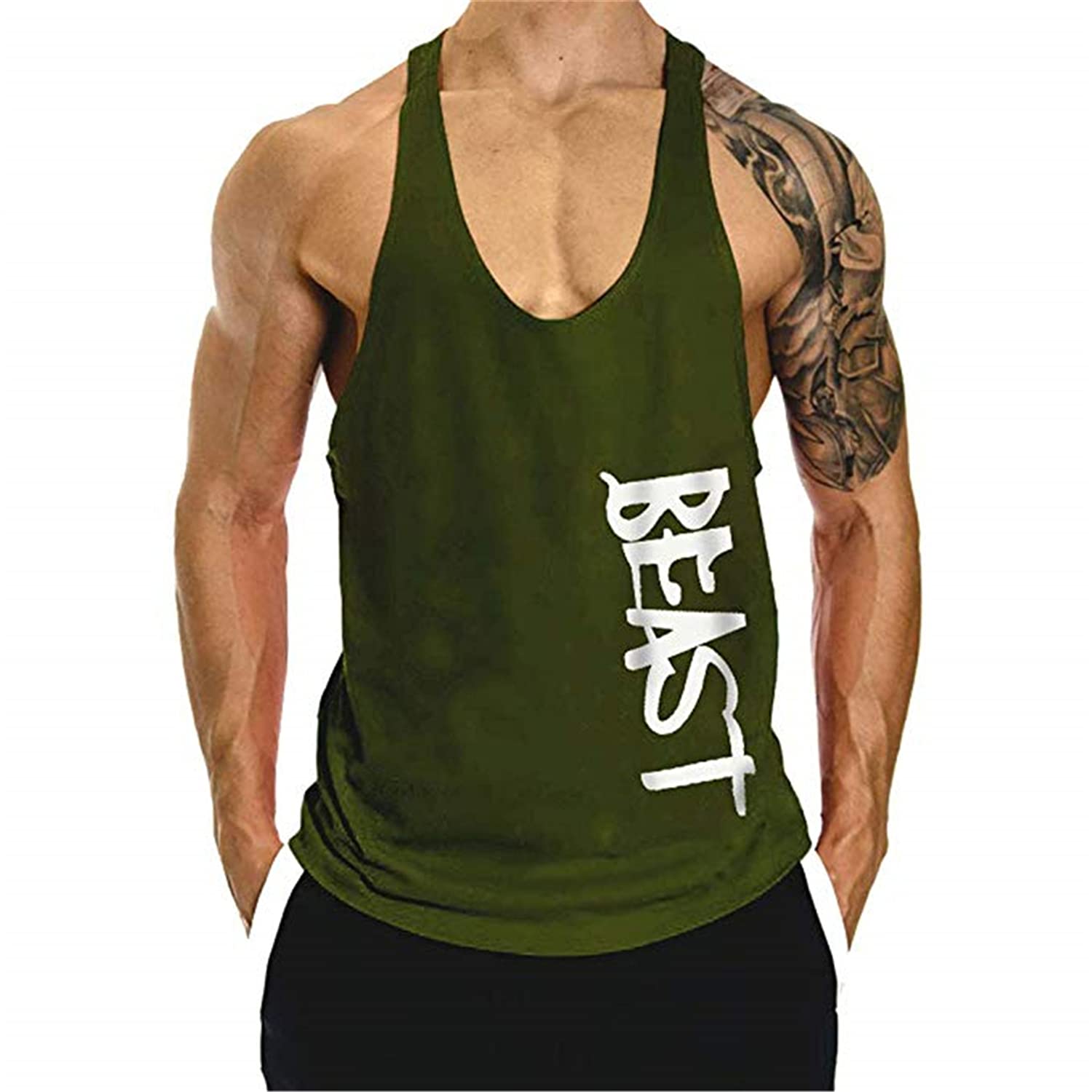 Cabeen Men's Beast Tank Tops Muscle Gym Bodybuilding Vest Fitness Workout Train Stringers Green