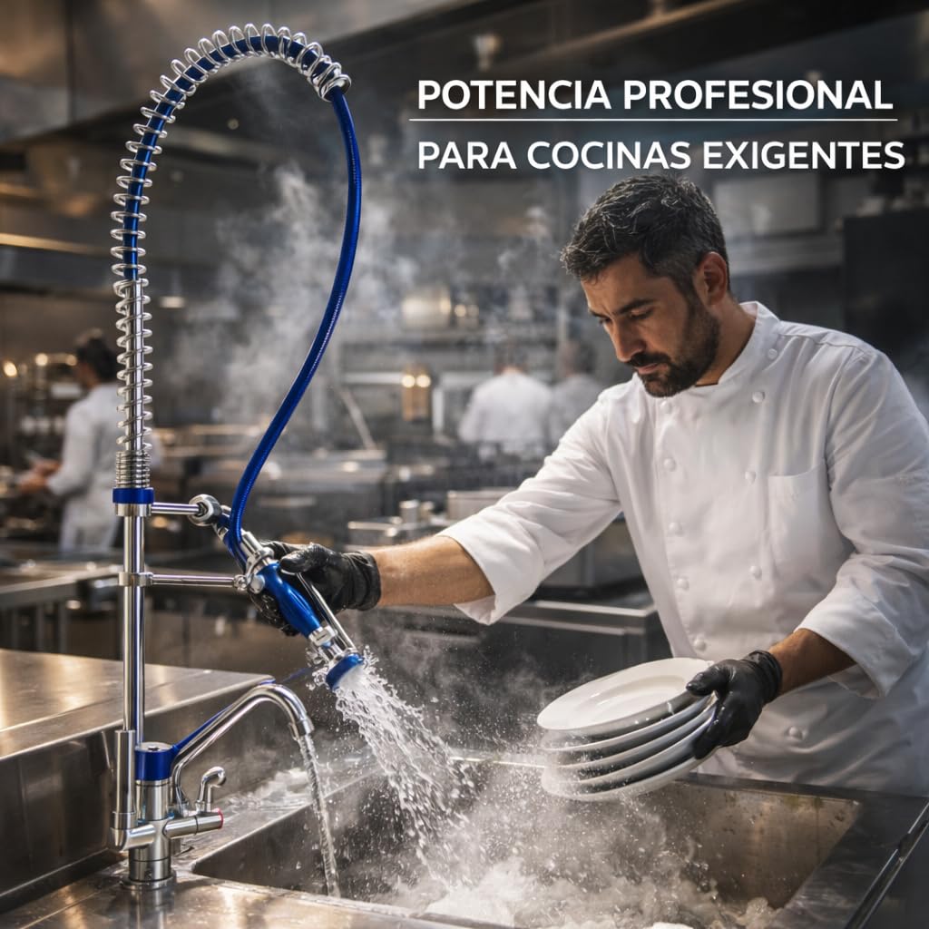 Genebre – Grifo Columna Prelavado Profesional 1707 04 | Grifo Industrial Monomando con Maneta Médica, Ducha Extraíble y Caño Giratorio | Cocina Profesional Hostelería Restaurante | Acero Inoxidable
