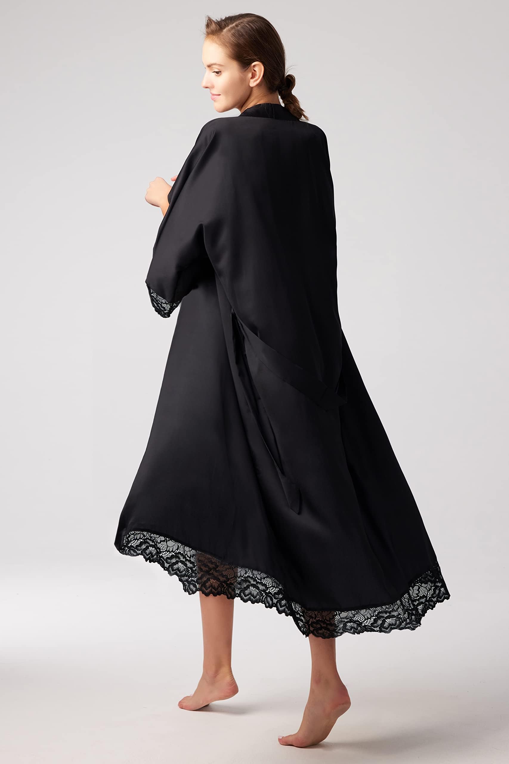 Coucoland Kimono Robe de Chambre longue Satin Robe de Nuit avec Bordure en Dentelle pour Femme Taille Unique