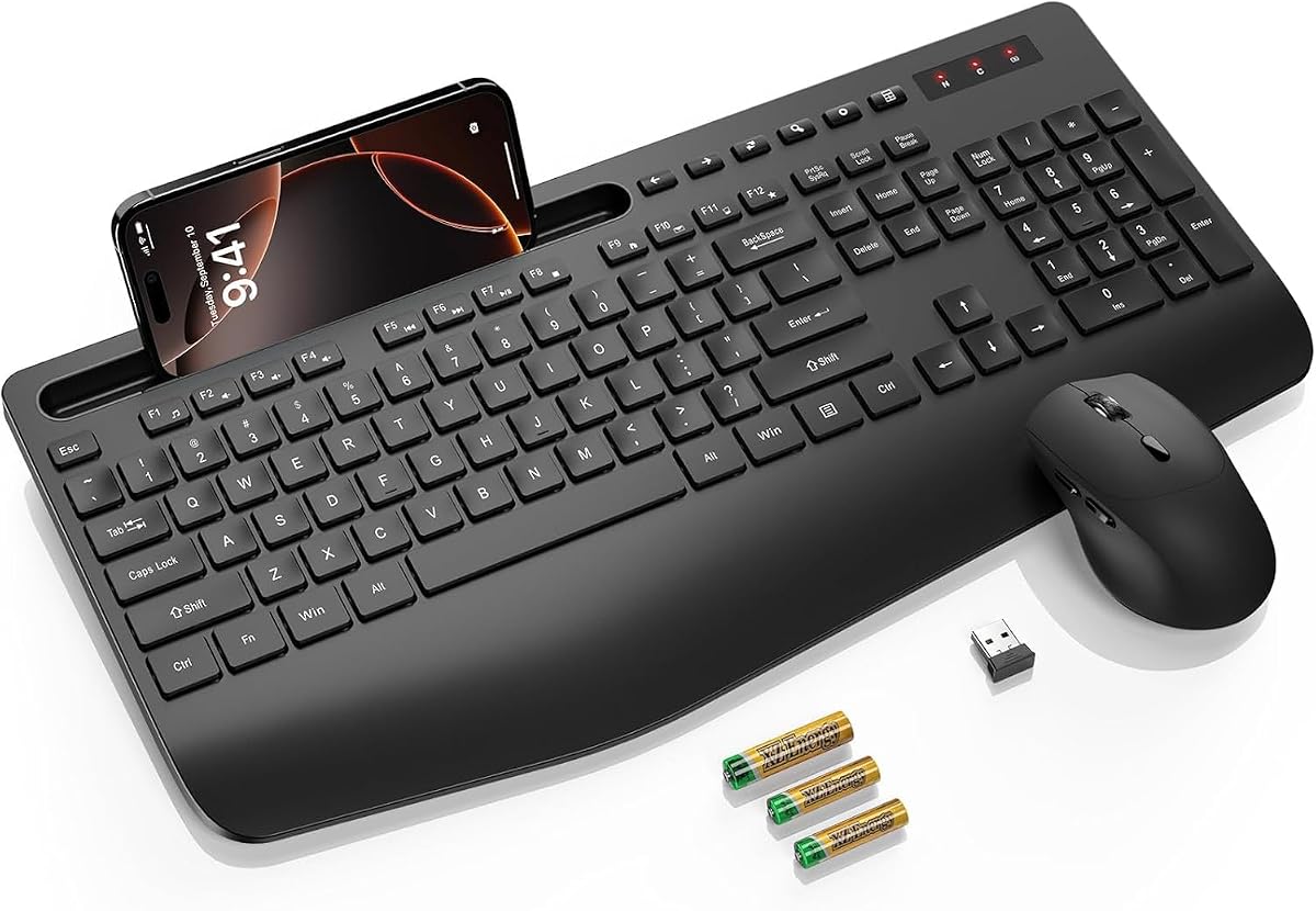 Wireless Keyboard and Mouse Combo, Full Size, Ergonomic Wrist Rest | Silent Typing, Phone Holder, 2.4 GHz, 3 Level DPI, Batteries Powered, KM23D Set Compatible with PC, Laptop, Windows, macOS