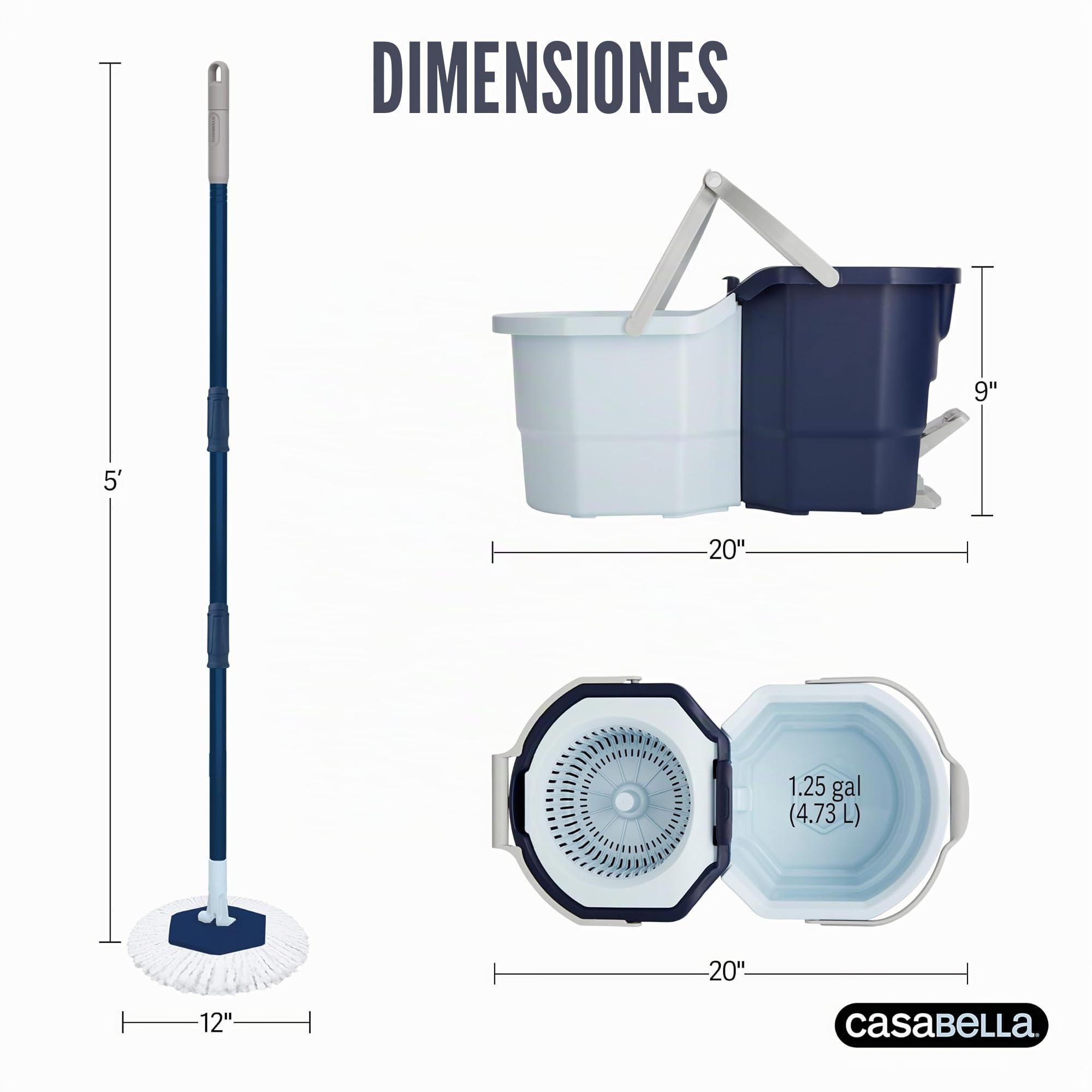 Casabella Sistema de fregona giratoria de agua limpia con recambio de cabezal de fregona adicional, sistema de fregona de diseño de dos cubos, protector contra salpicaduras, taza de medición integrada
