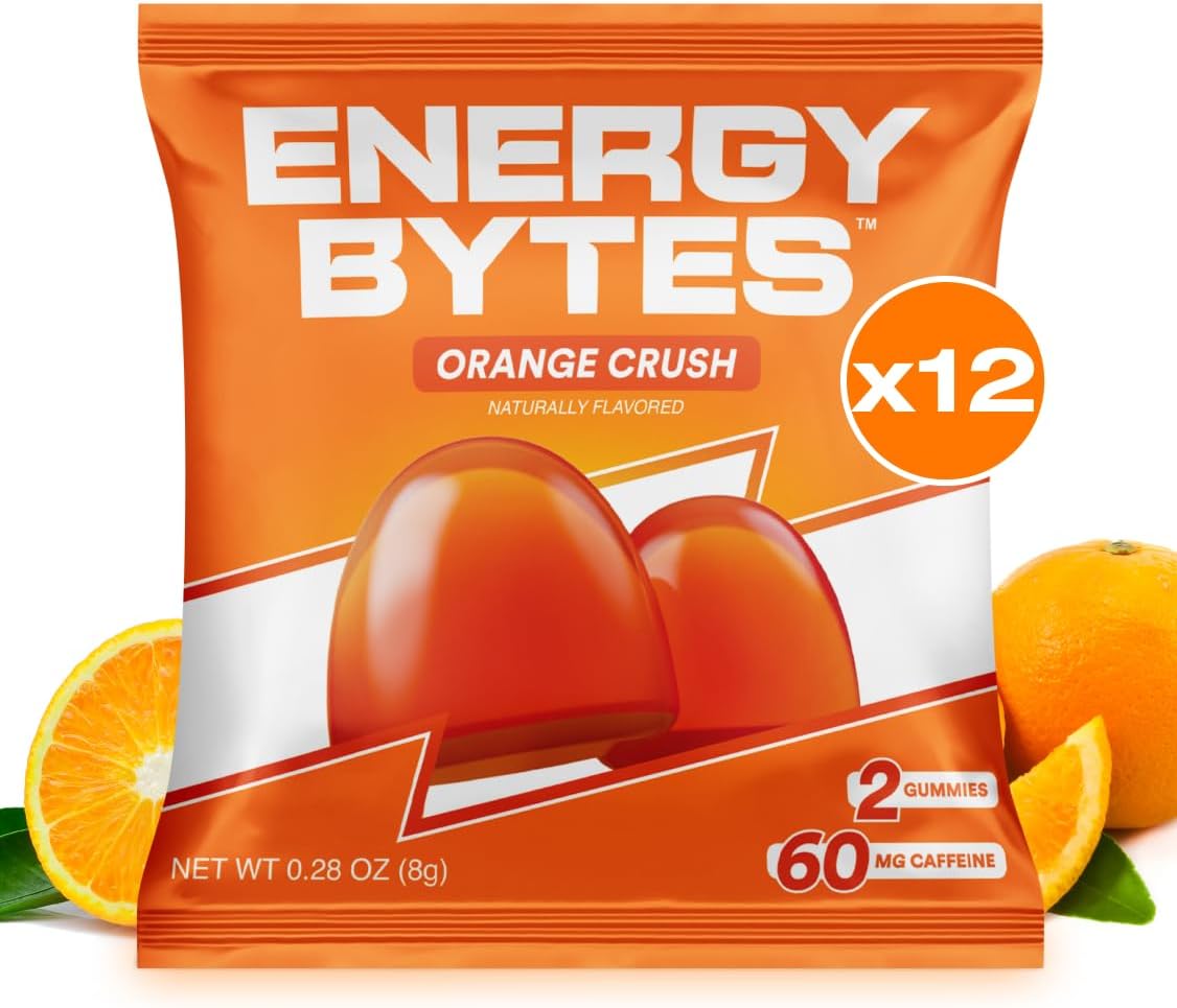 Energy Bytes Caffeine Gummies | Instant Energy Chews for Running, Cycling and Sports Performance | Vegan, Low Sugar | Orange Crush (12-Pack)