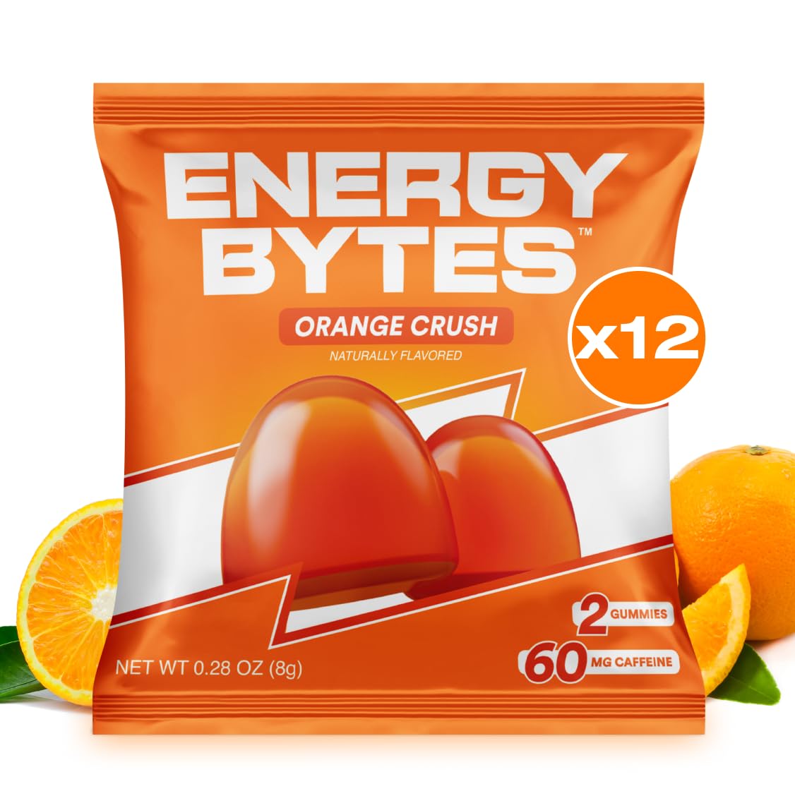 Energy Bytes Caffeine Gummies | Instant Energy Chews for Running, Cycling and Sports Performance | Vegan, Low Sugar | Orange Crush (12-Pack)