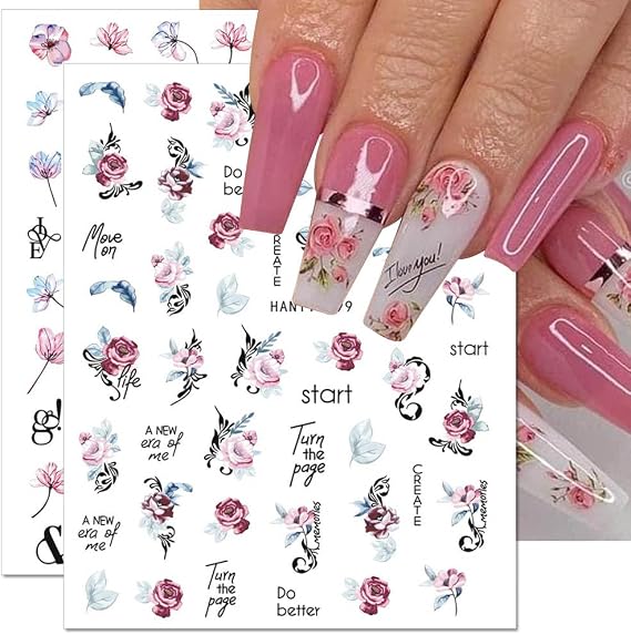 8 Sheets 3D Flower Nail Stickers - Spring & Summer Colorful Floral Nail Art Stickers with Blooming Florals & Leaf Designs for DIY Nail Decorations
