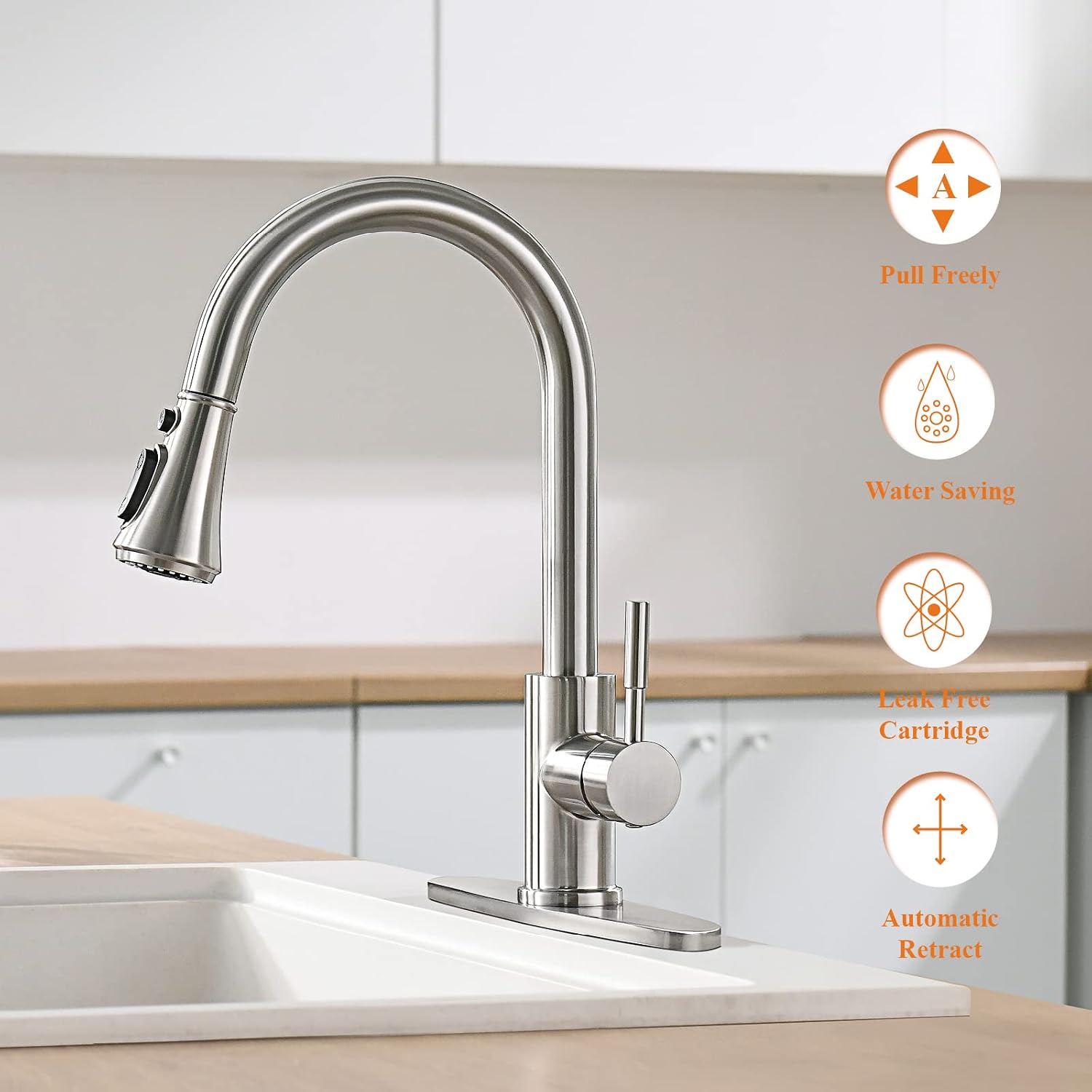 Kitchen Faucet, Kitchen Sink Faucet, Sink Faucet, Pull-Down Kitchen Faucets, Bar Kitchen Faucet, Brushed PVD, Stainless Steel, RULIA RB1037
