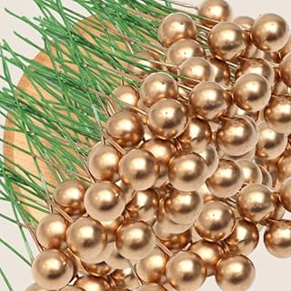 50Pcs Artificial Holly Berries Mini Simulation Cherry Stamen Fake Berry Beads Wedding Party Xmas New Year Home Decors,Gold