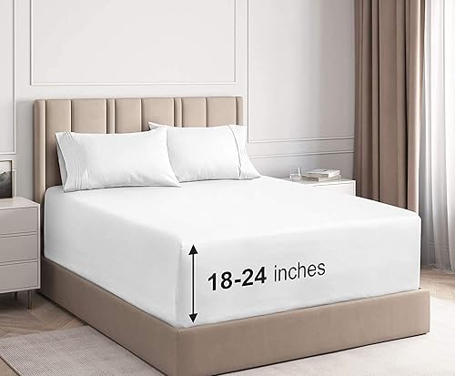 Juego de sábanas de bolsillo extra profundo de 4 piezas de 600 hilos, 100% algodón, sábanas súper profundas para colchones de 18 a 24 pulgadas,