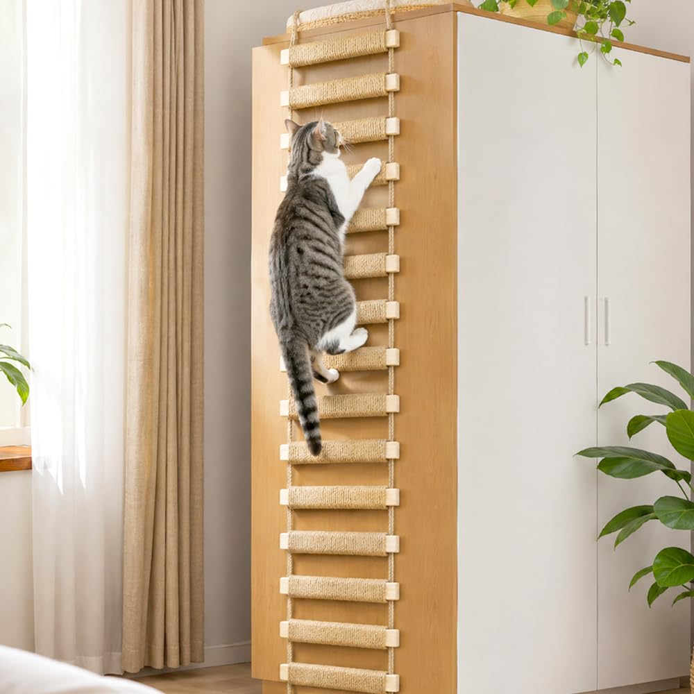 Katzenleiter Balkon,100 cm Holz und Sisalseil Katzentreppe Katzenleiter