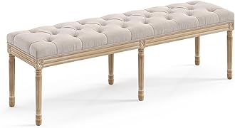60" Fabric End of Bed Bench, Upholstered Tufted French Bedroom Bench with Carved Legs for Bedroom End of King Size Bed, Living Room, Linen