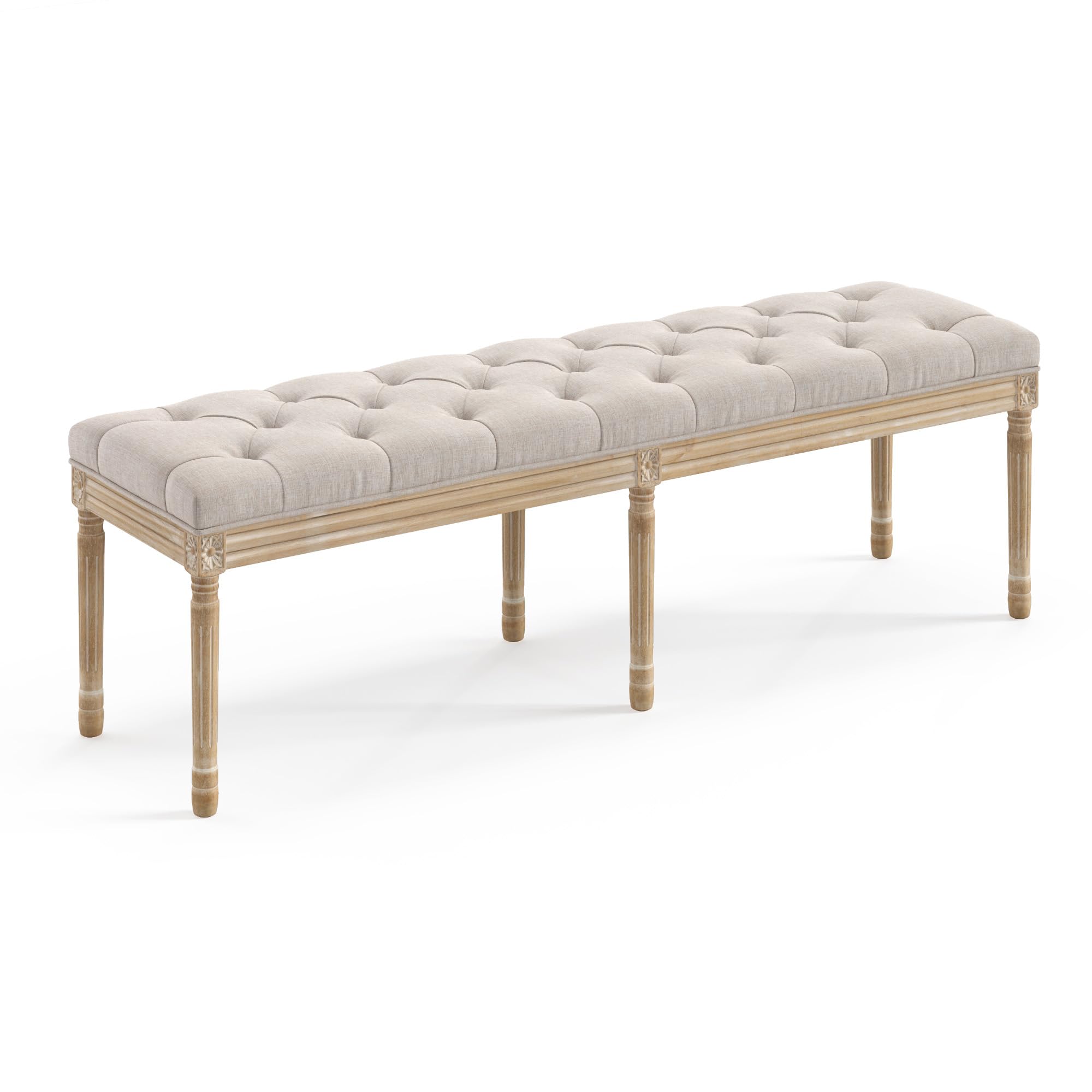 60" Fabric End of Bed Bench, Upholstered Tufted French Bedroom Bench with Carved Legs for Bedroom End of King Size Bed, Living Room, Linen
