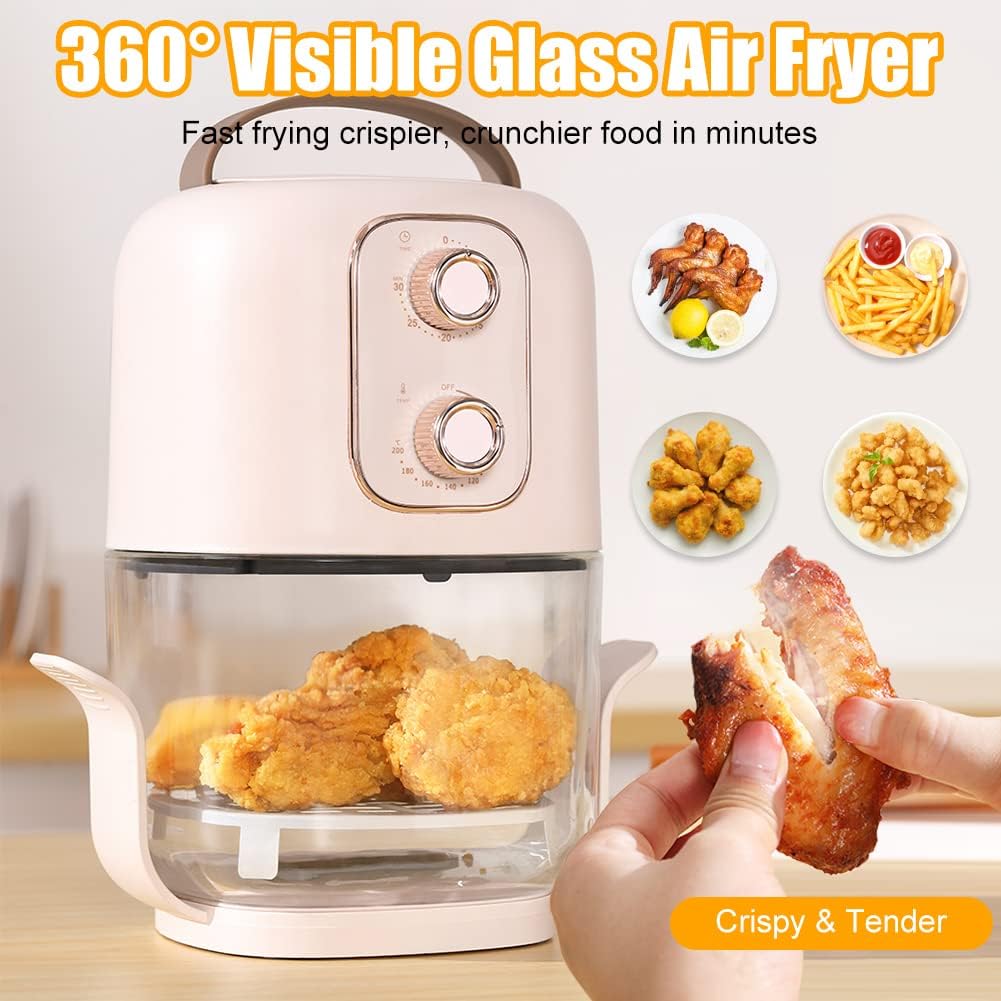 WOOLALA 2.5Qt 360° Visible Glass Air Fryer, No-Coating-Safe, See Through Cooking Window, Compact Healthy Oil-Free Oven for Apartments, Dorms & Singles, Easy Clean Dishwasher Safe