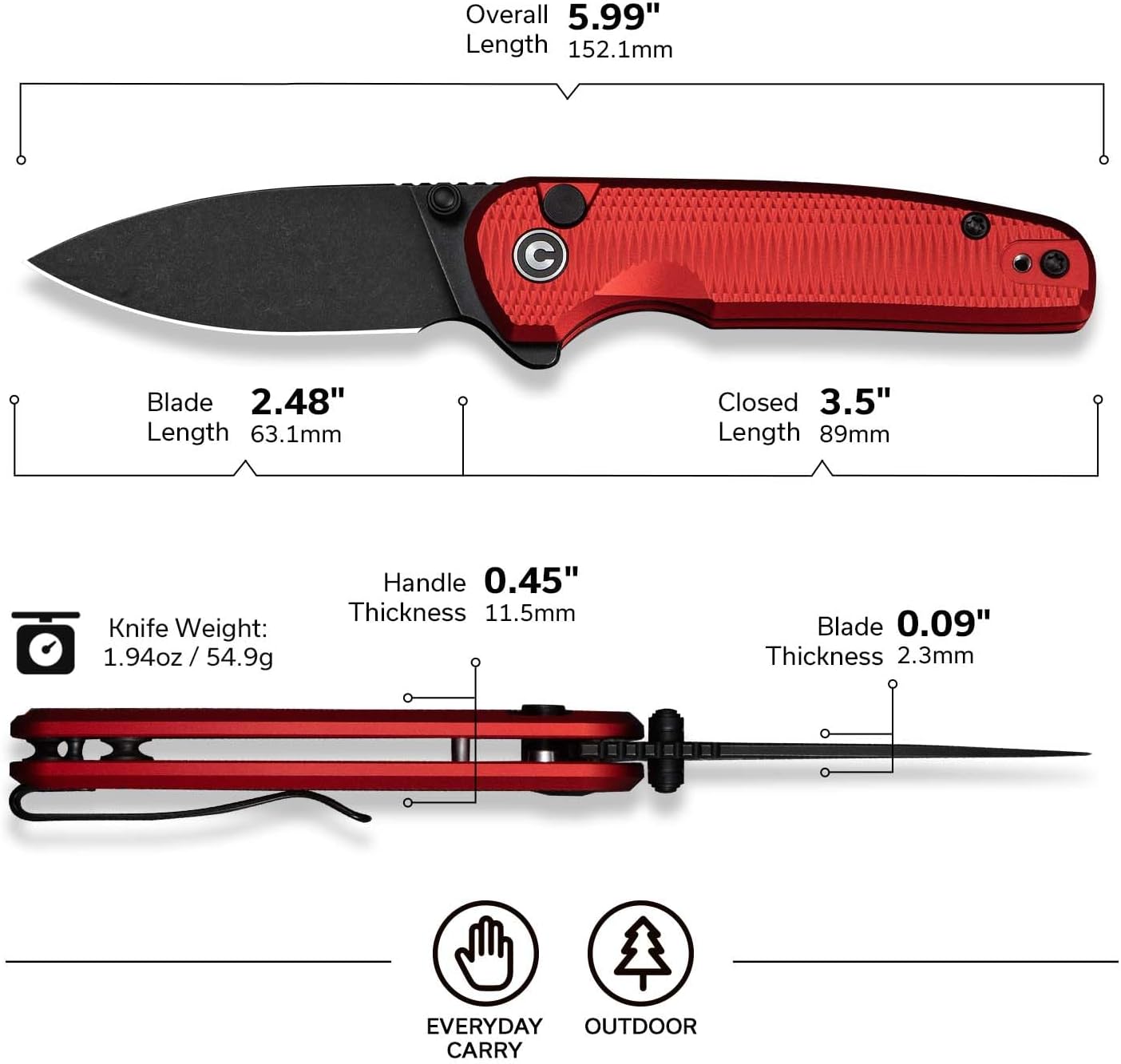 CIVIVI Mini Shakan Pocket Knife for EDC, Small Folding Knife with 2.48" Nitro-V Blade Aluminum Handle, Reversible Deep-Carry Clip C20052F-2