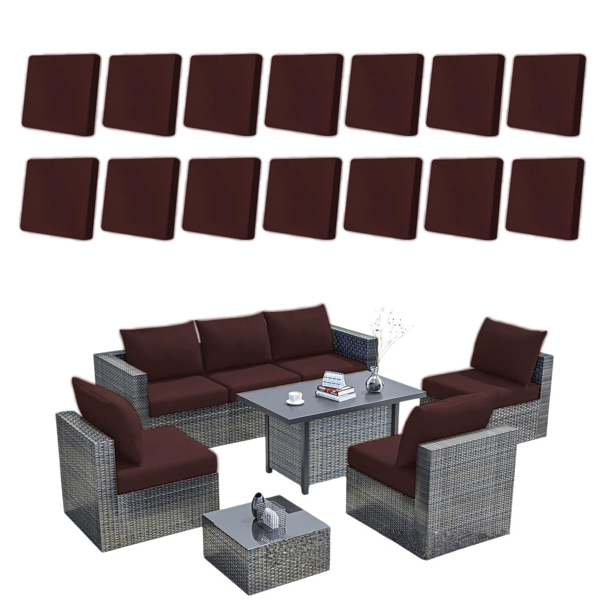 Hiseng 8/12/14 PCS Outdoor Cushion Covers Stretch Patio Cushion Covers Replacement Slipcovers Washable for Outdoor Sofa Cushions, Garden Furniture Set, Rattan Corner Sofa (Brown,14 pcs)