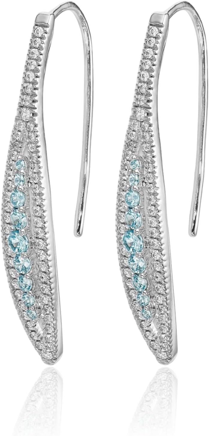 IceCarats 14K Solid White Gold 0.74 carat Blue Aquamarine Diamond Leaf Threader Earrings 34mm 1 3/8 inch Round Cut, Natural, Prong Set For Her