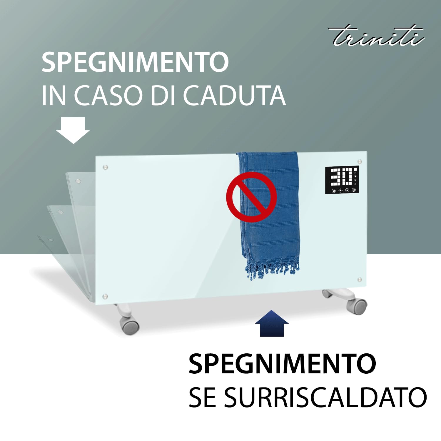 TRINITI Stufa Elettrica Basso Consumo Termostato, Potenza Regolabile, Elegante VETRO TEMPERATO, Display LED, imer, Silenzioso, Sistema Protezione Sicurezza Multiplo, Ruote + Montaggio a Parete, WHITE