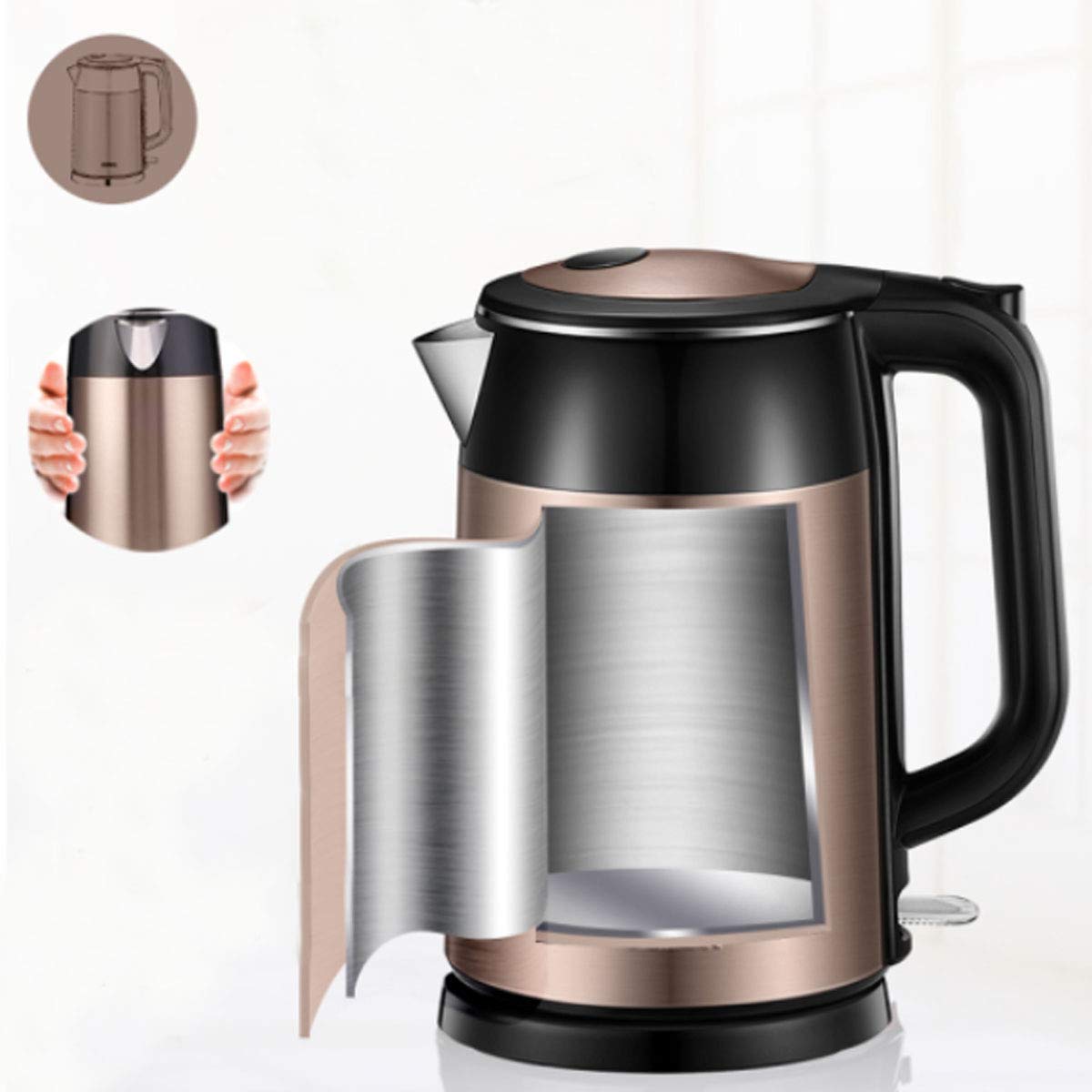bollitore elettrico, Bollitori a doppio strato da 1, 7 l, potenza 1800 W, design silenzioso(Elegant Gold)