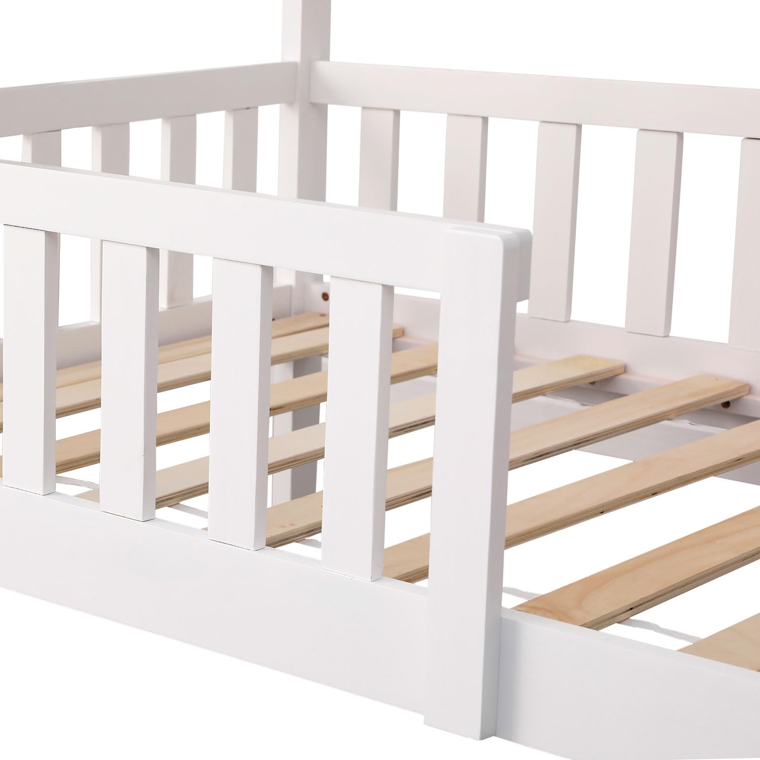 Happy Garden Cama de 190 x 90 cm, Color Blanco Martillo, Marco de Cama de Madera Maciza de Pino con somier de láminas, barrotes de Seguridad y Cama Nido