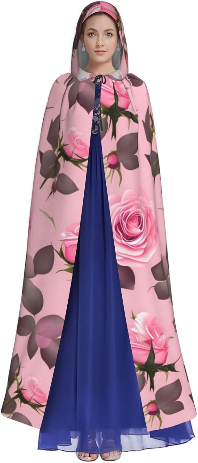 Pretty Pink Roses Men Women Halloween Role Play Party Decoration Hooded Poncho