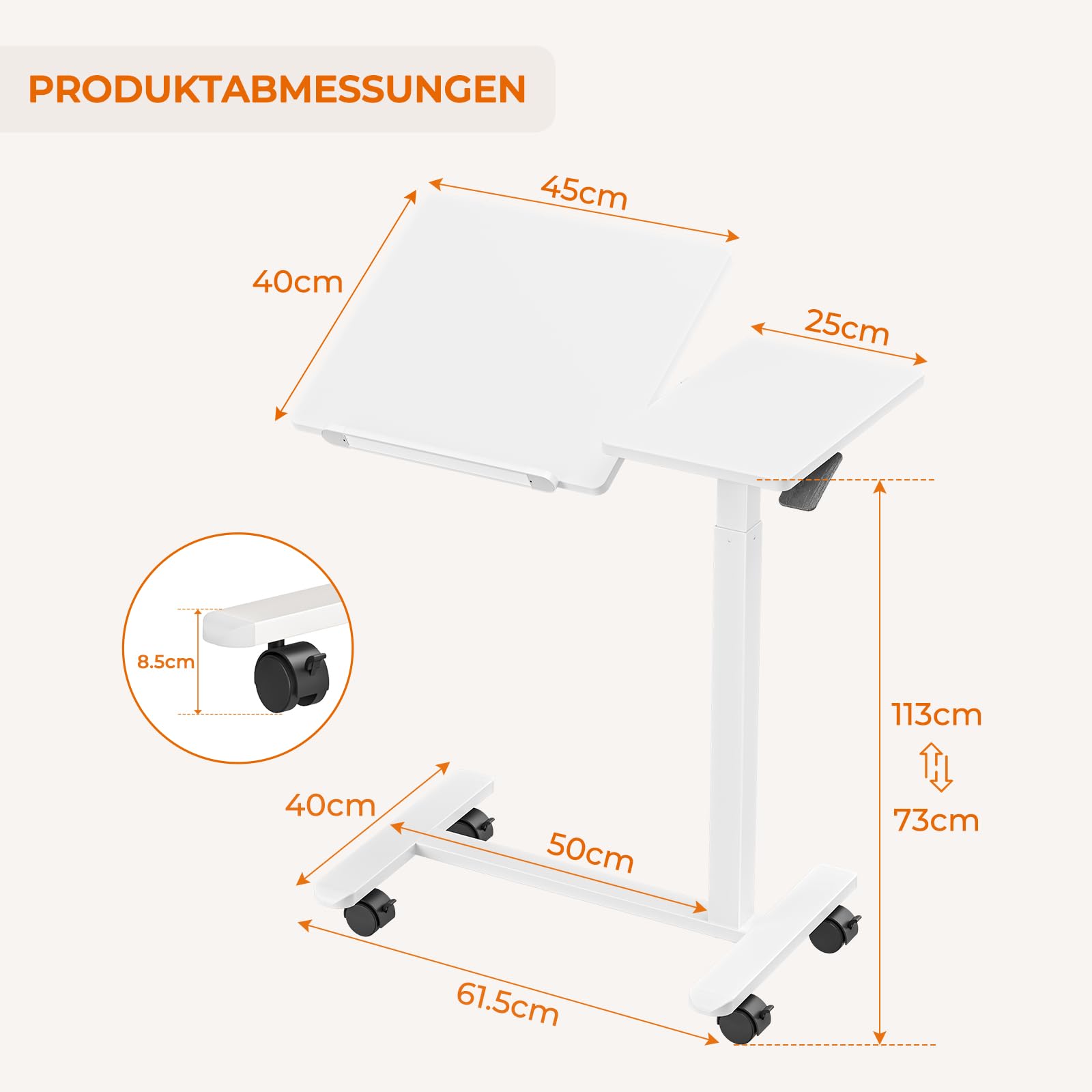 Dripex Mesa Auxiliar Regulable en Altura e inclinación Ajustable con Ruedas, Mesa de Aseo para Cama, Mesa de Ordenador, Mesa de Cama pequeña con Ruedas, Mesa de sofá, mesita de Noche para salón