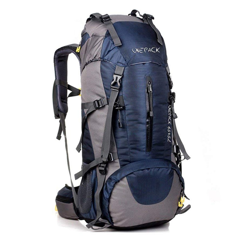 ONEPACK 70L Internal Frame Hiking Backpack with Rainfly (65+5L) Backpacking Bag with Waterproof Rain Cover for Mountaineering Camping Outdoor Travel (70L Blue)