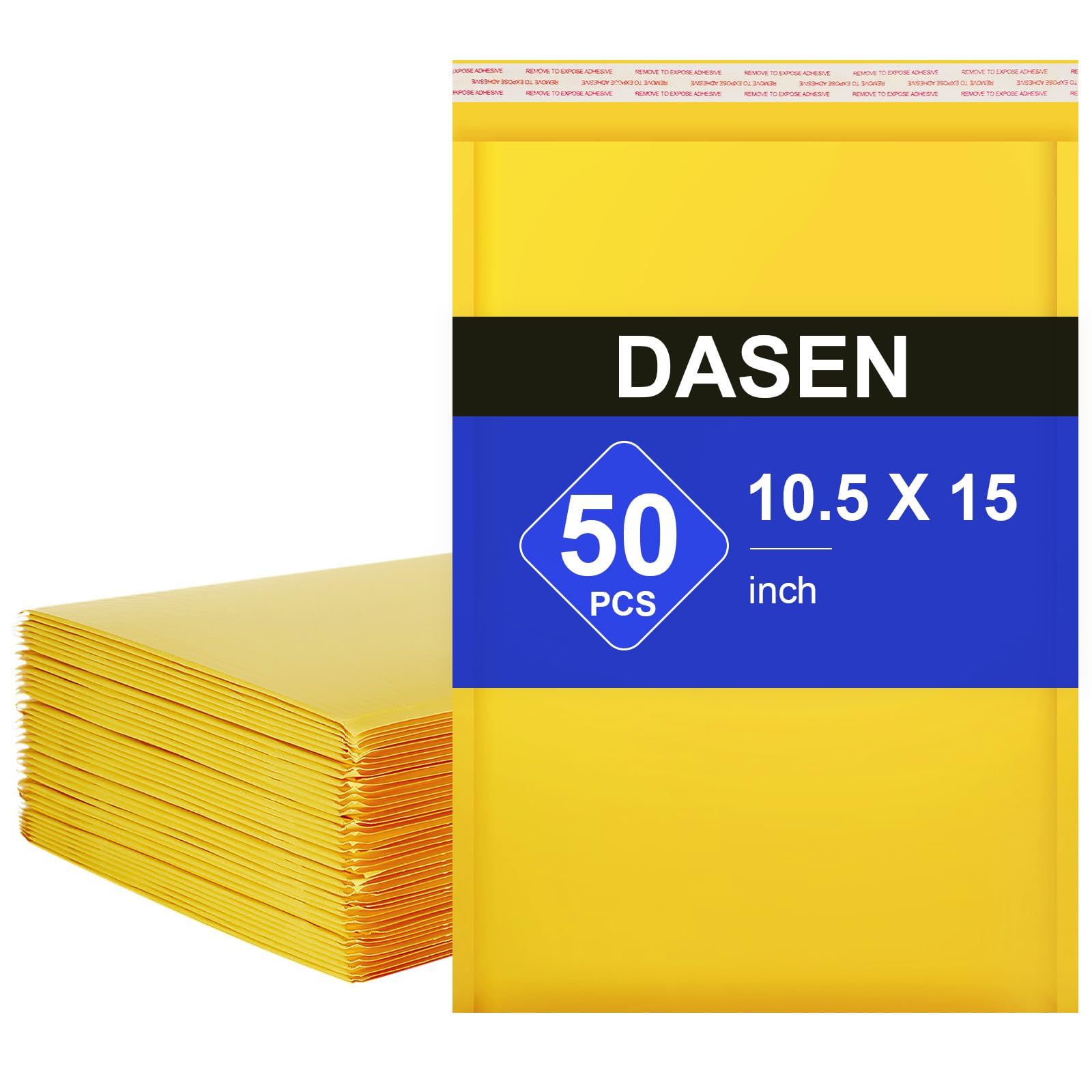 Dasen Kraft Bubble Mailers 10.5x15 Inch 50 Pcs,Small Self-Sealing Waterproof Cushioned Mail Shipping Bags,Yellow Padded Envelopes #5