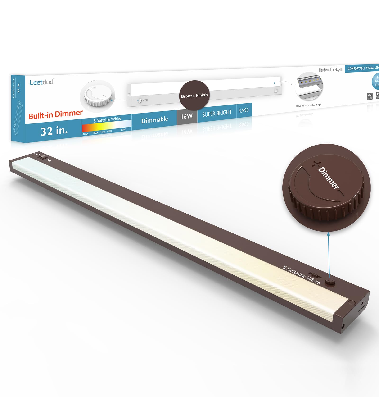 Leetdud - Illuminazione a LED sotto armadio, spina dimmer integrata o cablata, 32 pollici 16W, dimmerabile, 5 colori, 2700K/3000K/3500K/4000K/5000K, ETL elencato collegabile sotto