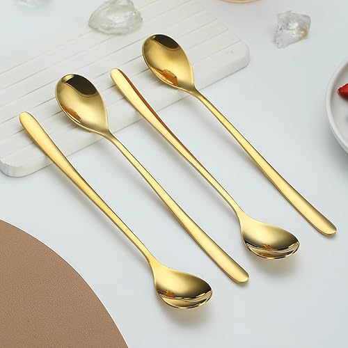 Miniatura 8 de Juego de 12 cucharas de té helado de mango largo dorado, cucharaditas de acero inoxidable dorado chapado en titanio, cuchara de barra para agitar,