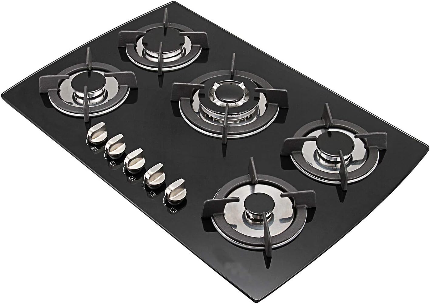 Cj Online Shop 79cm 5 Burner Black Glass Gas Hob With Cast