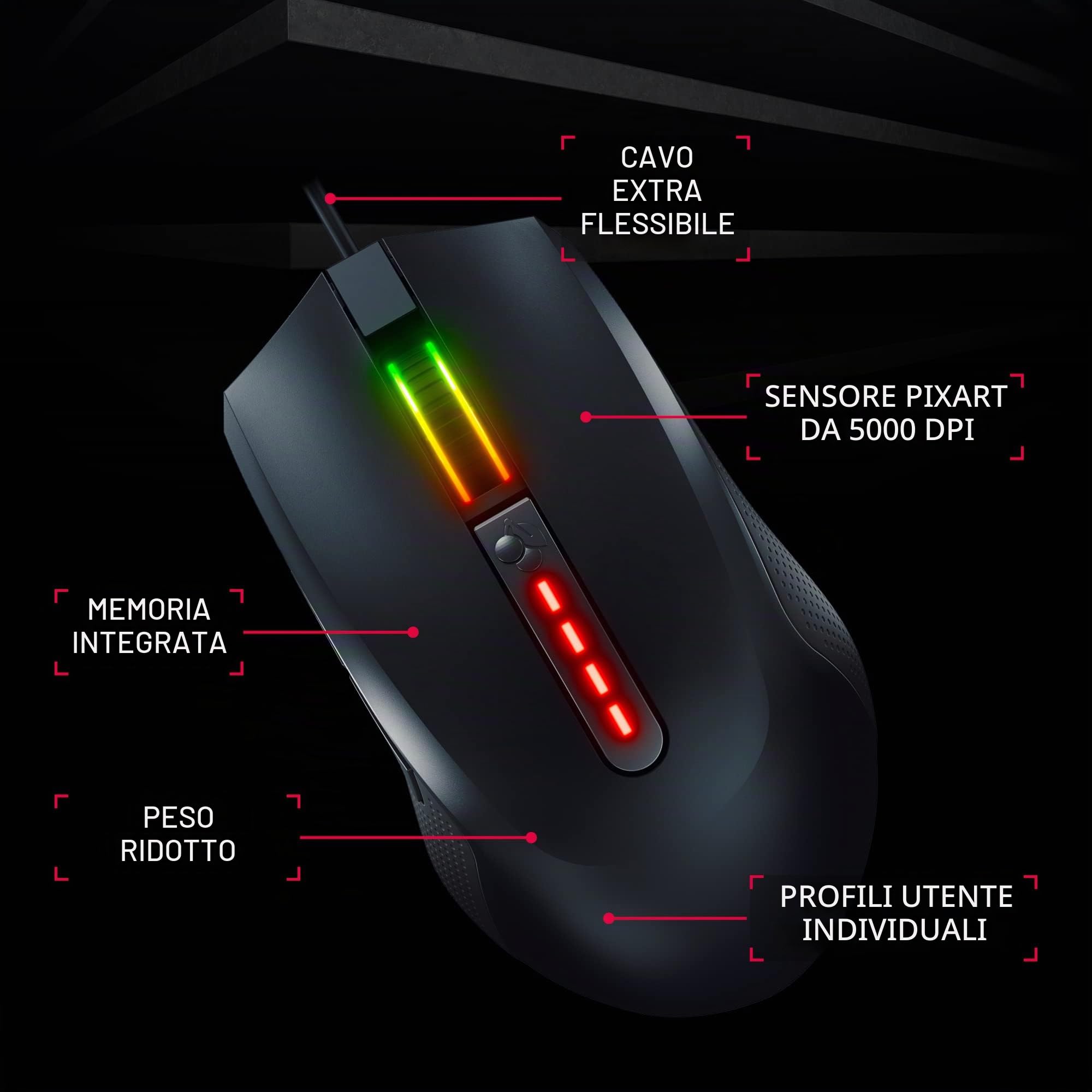 CHERRY MC 2.1, Mouse da Gioco Con Filo per Destrimani, Sensore Pixart 5000 dpi, Tasti Programmabili, Illuminazione RGB, Memoria Integrata, Nero