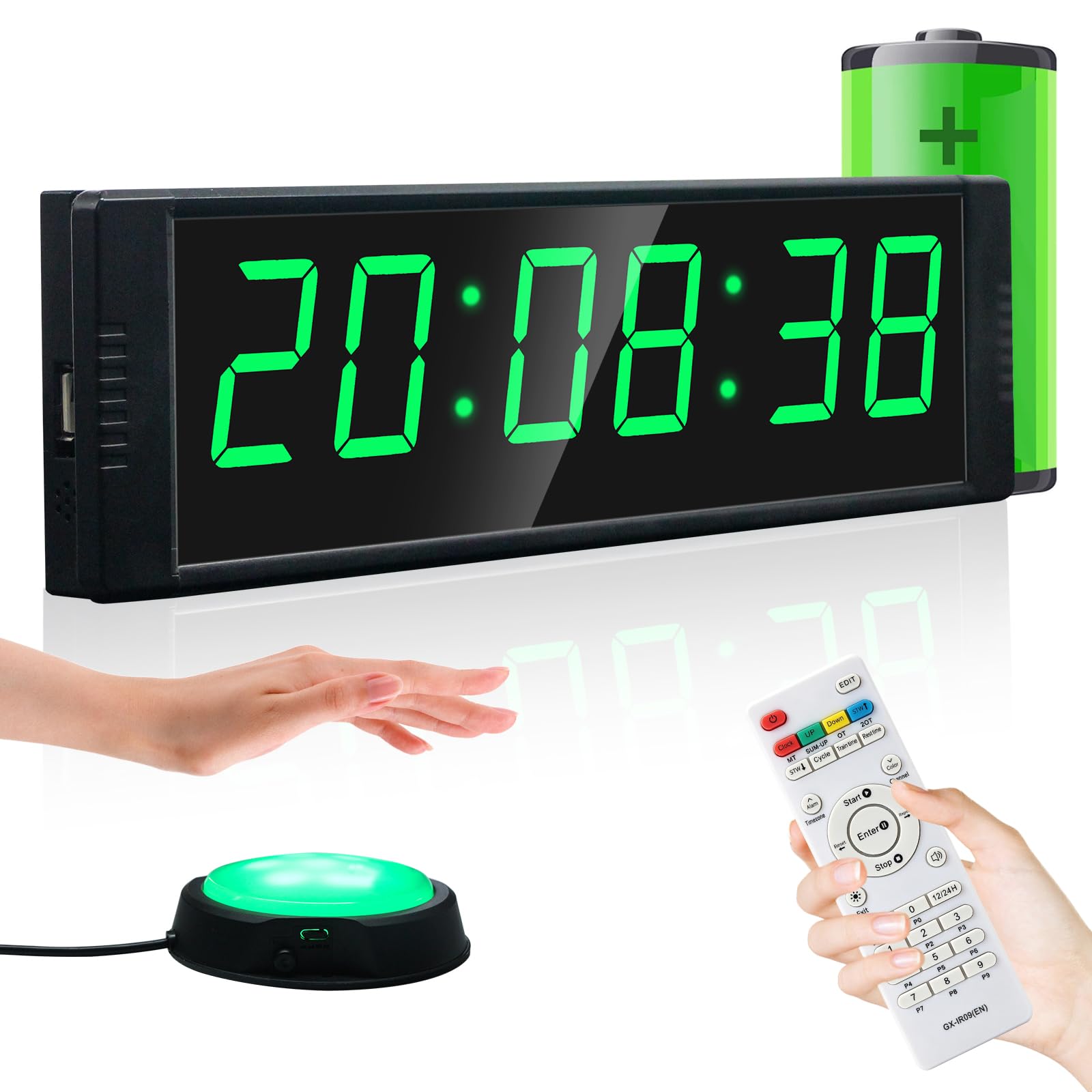 Gym Timer Clock for Home Gym, Fitness Timing with Start/Stop Button, Interval Timer for Workout, Stopwatch/Countdown Time with Remote, 12/24H Battery Digital Wall Clock Gym Accessories(Green)-image-33