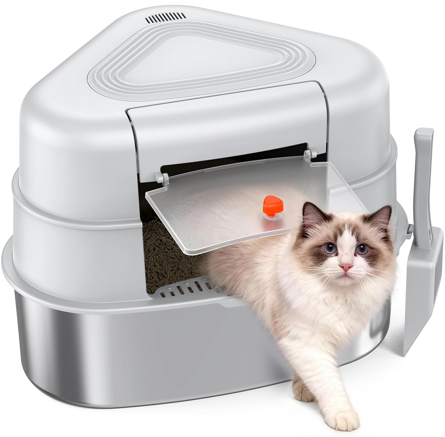 XXL Stainless Steel Corner Cat Litter Box with Lid - Sturdy, No Odor & Space-Saving Hidden Design for Large Cats, Grey