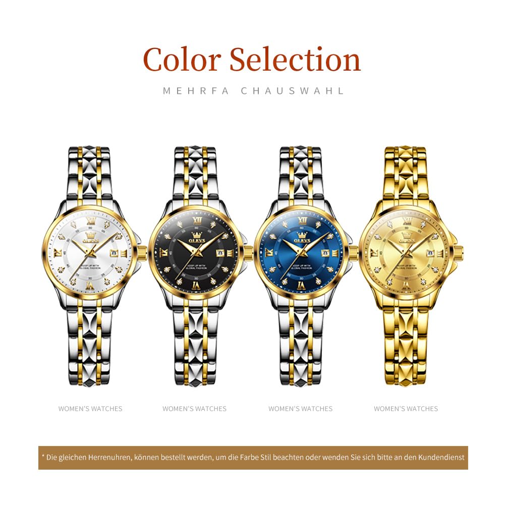 OLEVS Armbanduhr für Damen, zweifarbig, mit Datumskleid, Damenuhren für kleine Handgelenke, luxuriös, leicht ablesbar, wasserdicht, blau/schwarz/gold/silbernes Zifferblatt, Reloj para Mujer