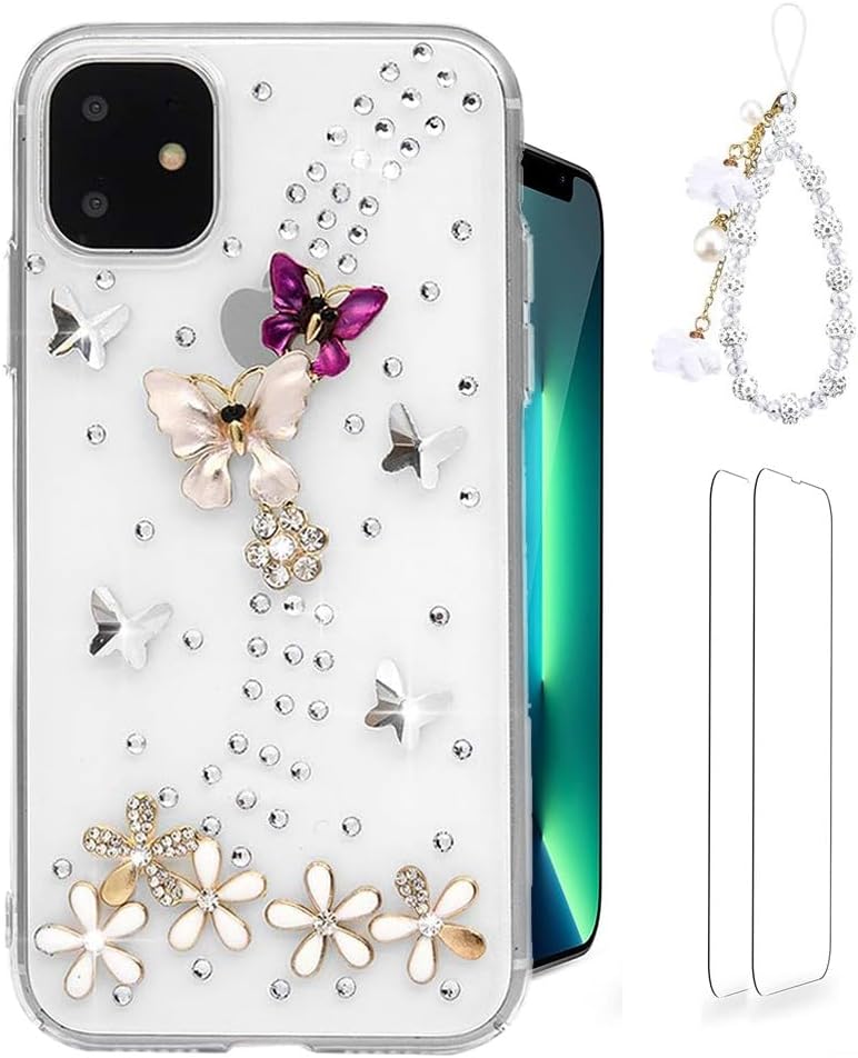 Glitter Design Phone Case for Samsung Galaxy A56 - Girls Women 3D Luxury Shiny Bling Protective Cover with Screen Protector, White Floral Pearl Crystal Phone Strap - Butterfly Flower