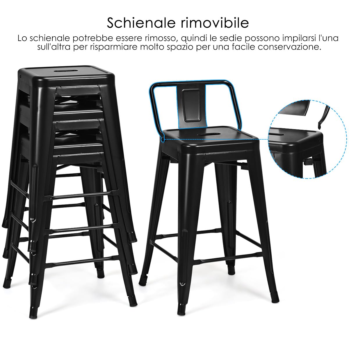 COSTWAY Set di 4 Sgabelli da Bar da 62 cm, Impilabile Sedie da Cucina Alto, in Metallo, con Schienale Rimovibile, Poggiapiedi, Design Industriale (Nero)