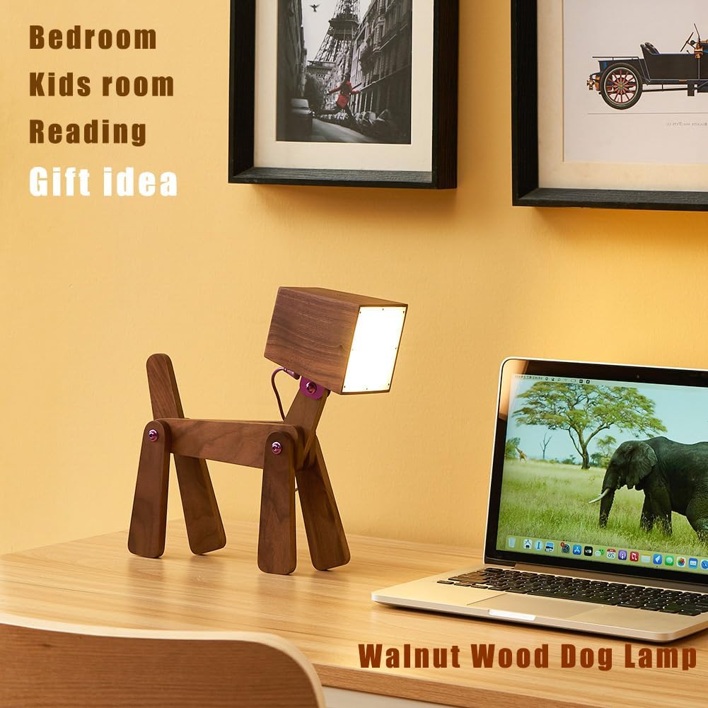 Super Cute Dog Table Lamp for Kids Room Bedroom Bedside - Dimmable Touch Control Wood Fun Unique Desk Lamp Warm White Light Gifts for Friends Boys Girls Dorm Farmhouse (Mini-Walnut Color)