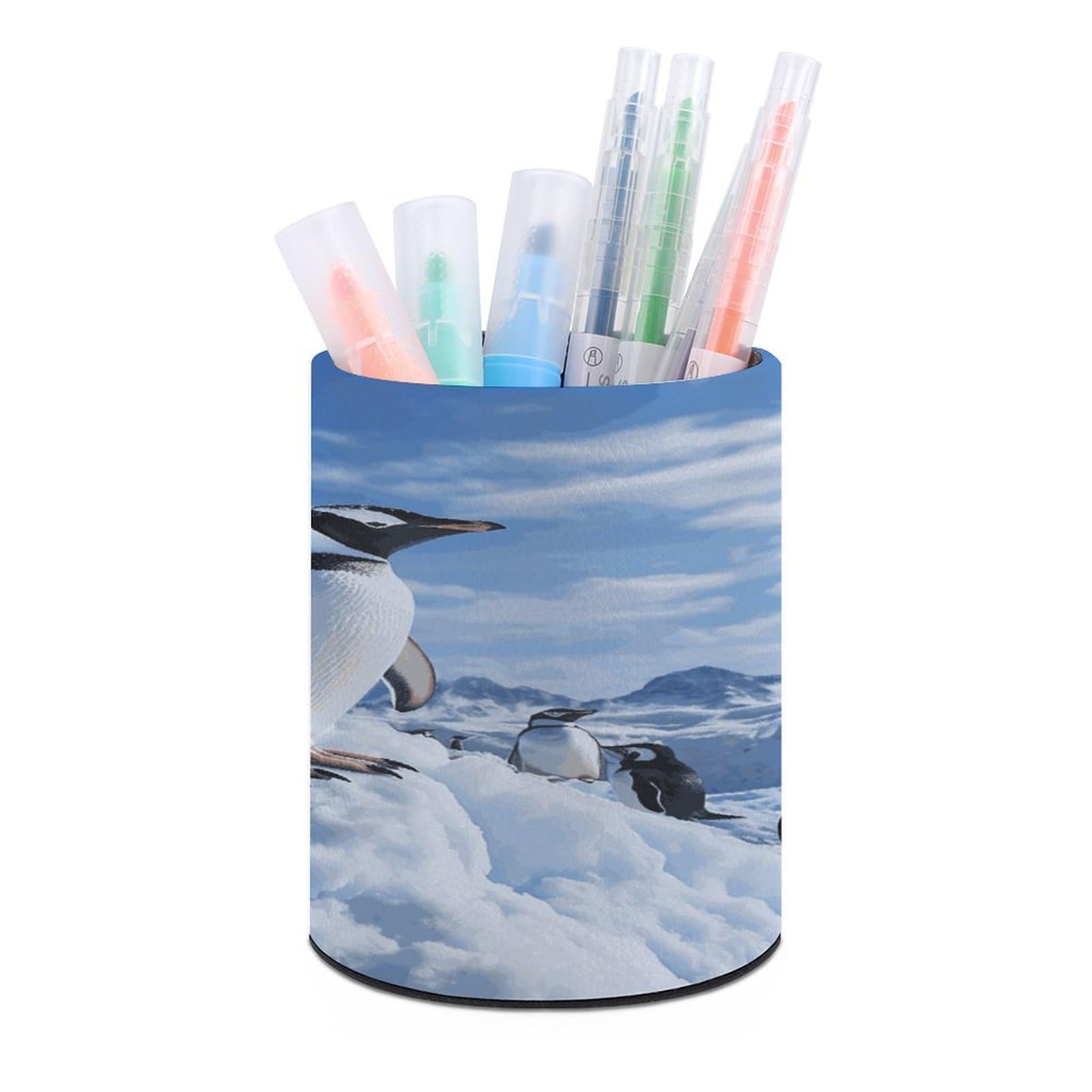 LDGSUPH Snow Mountain Penguin Round Pen Holder Leather Pen Cup Pencil Cup Pen Organizer Pencil Holder for Desk Organizer Pencil Organizers Makeup Brush Holders for Home Office Gift