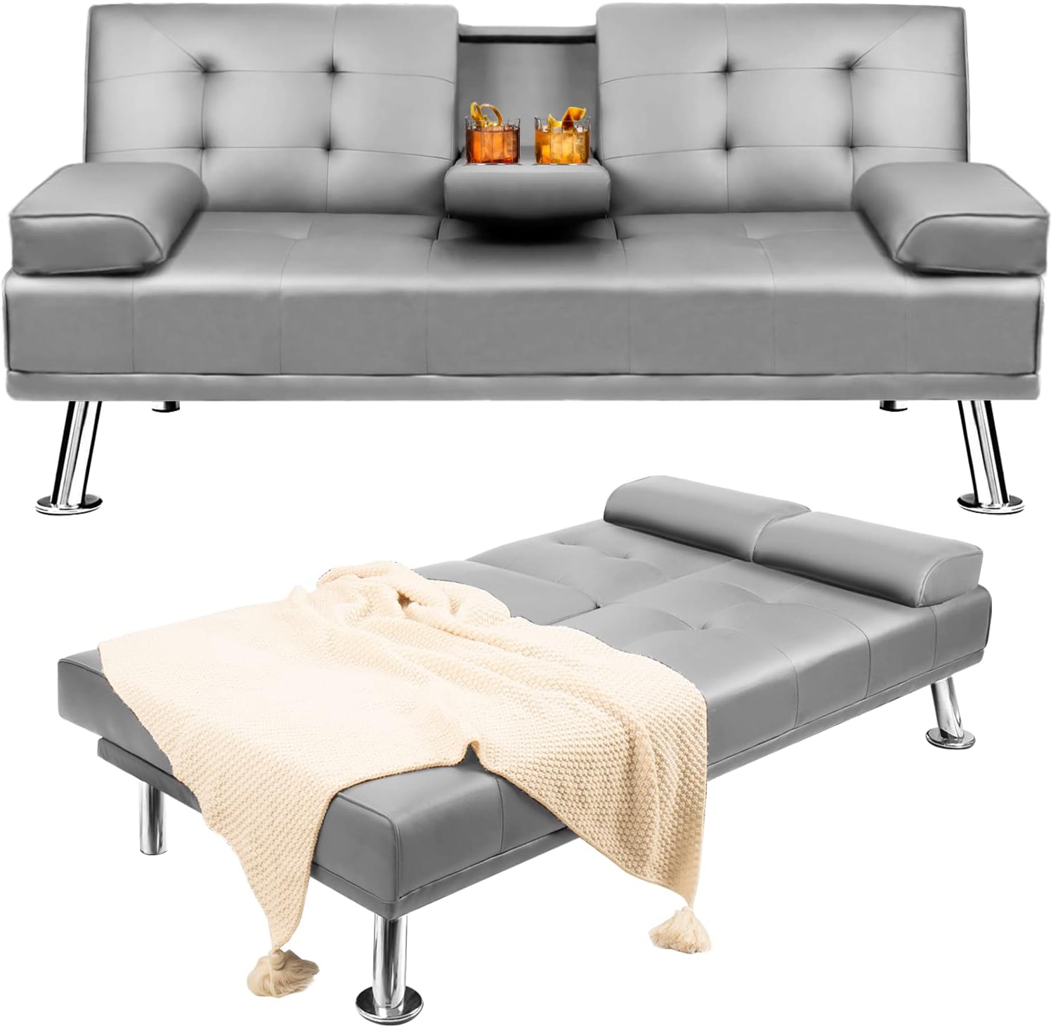 YESHOMY Futon Sofa Bed, Modern Faux Leather Convertible Folding Lounge Couch for Living Room with 2 Cup Holders Removable Soft Armrest and Sturdy Metal Legs, Gray