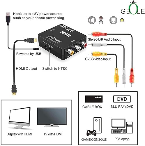 Miniatura 3 de RCA a HDMI AV a HDMI Convertidor 1080P Mini RCA compuesto CVBS AV a HDMI Video Audio Adaptador de convertidor compatible con PAL NTSC con cable de