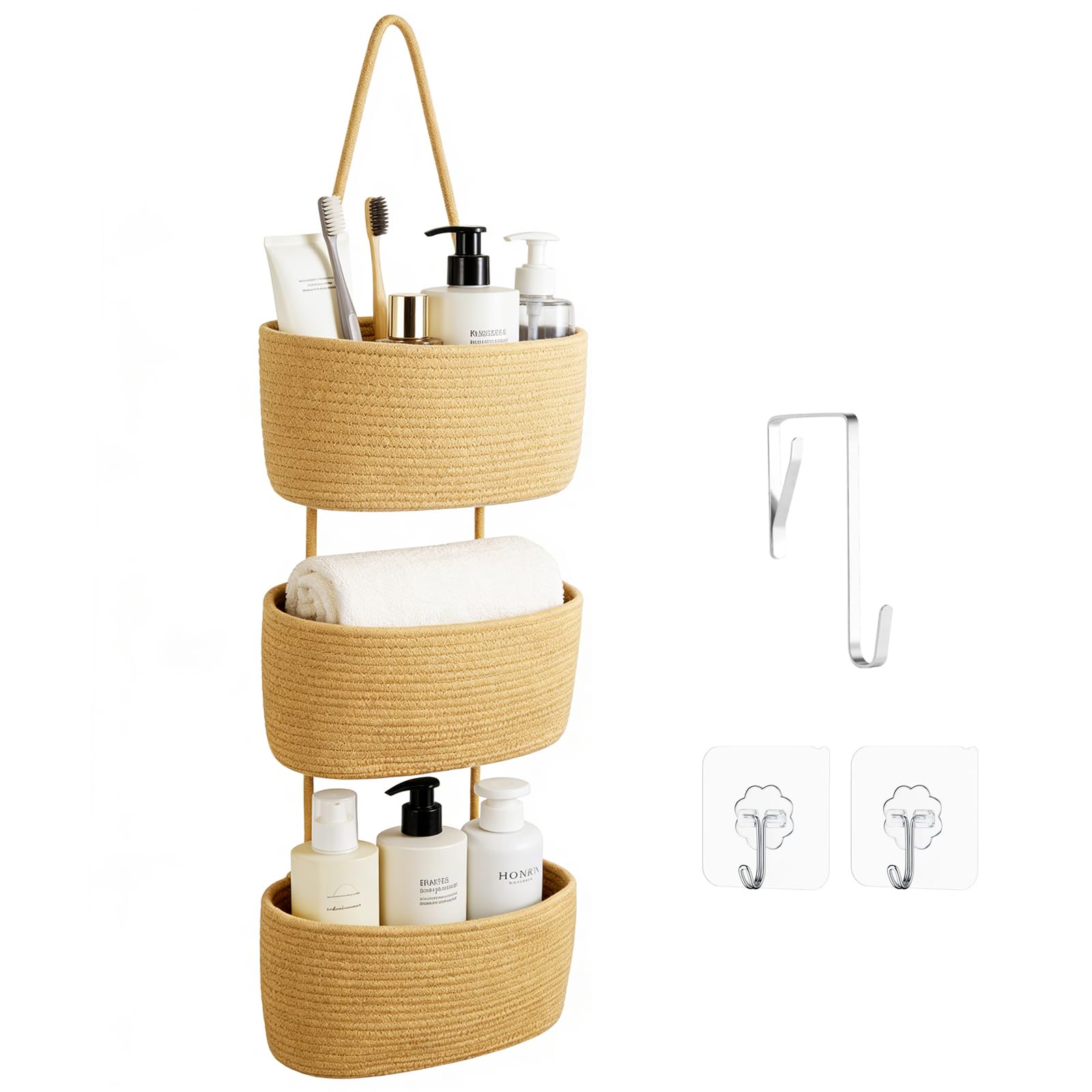 Tasche Portaoggetti Da Parete, 3 Livelli Organizer Per Appendere, Portaoggetti Da Parete Con Tasche In Corda Di Cotone Intrecciata, Per Soggiorno, Bagno, Camera Da Letto (Curcuma)