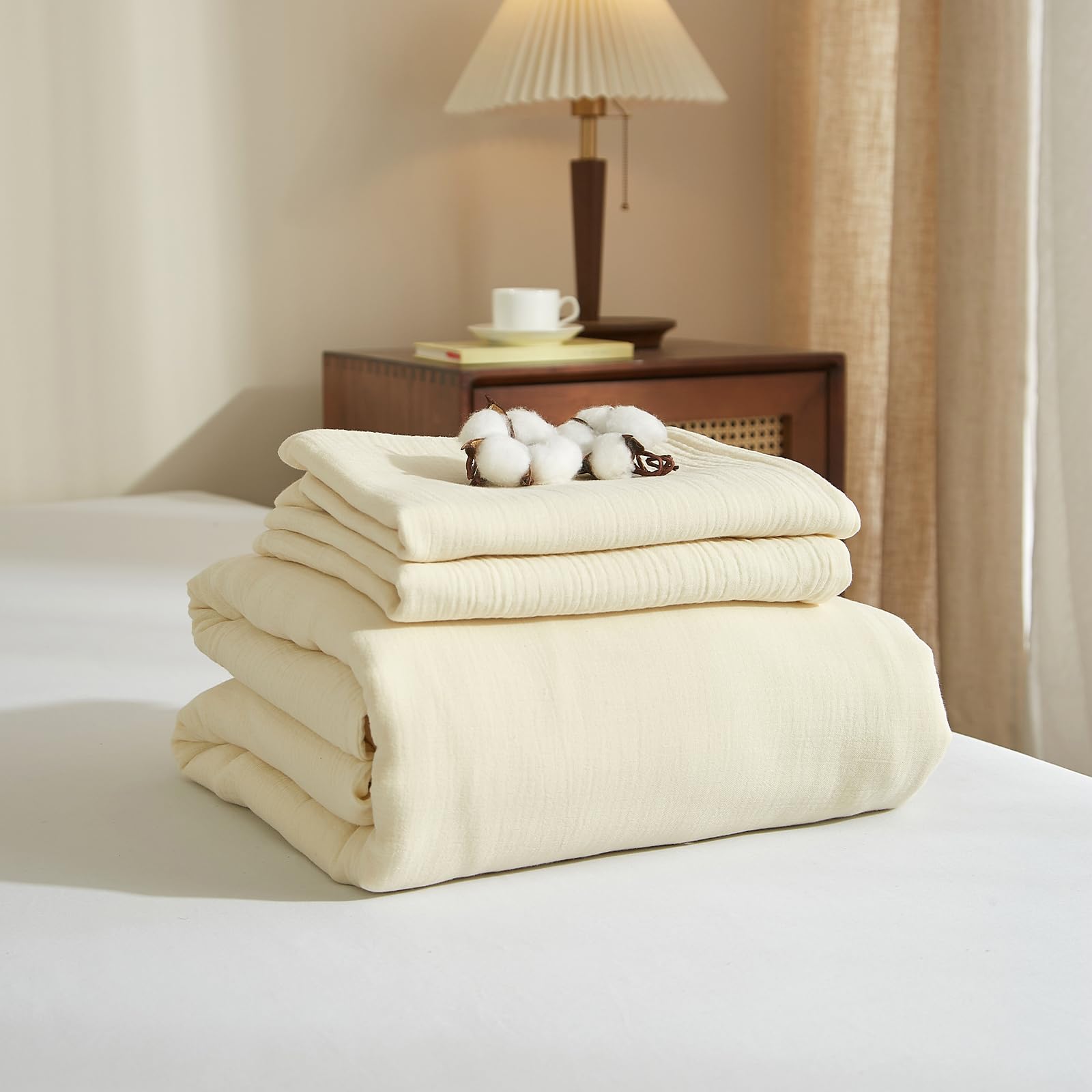 Boqingzhu Sábana bajera ajustable de algodón de muselina, 140 x 200 cm, color crema y blanco, transpirable, suave, con certificado Oeko-Tex, para colchón de 25 a 30 cm